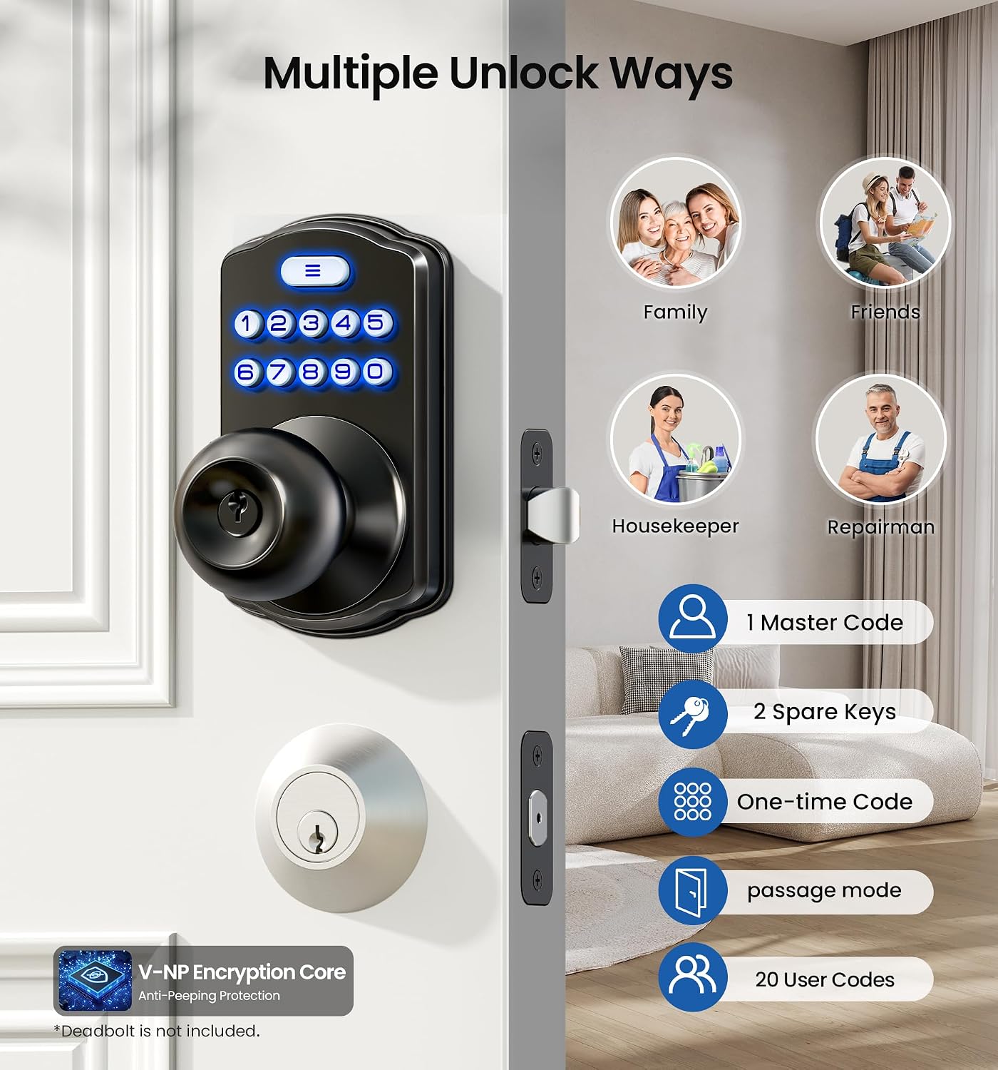 Detalle 2 de Veise Keypad Door Knob Matte Black