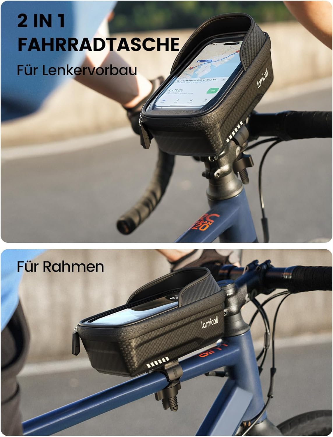 Detalle de Lamicall 2-IN-1 Rahmentasche & Lenkertasche für 20–40 mm Rahmen – 1,3 L, wasserdicht, TPU-Touchscreen