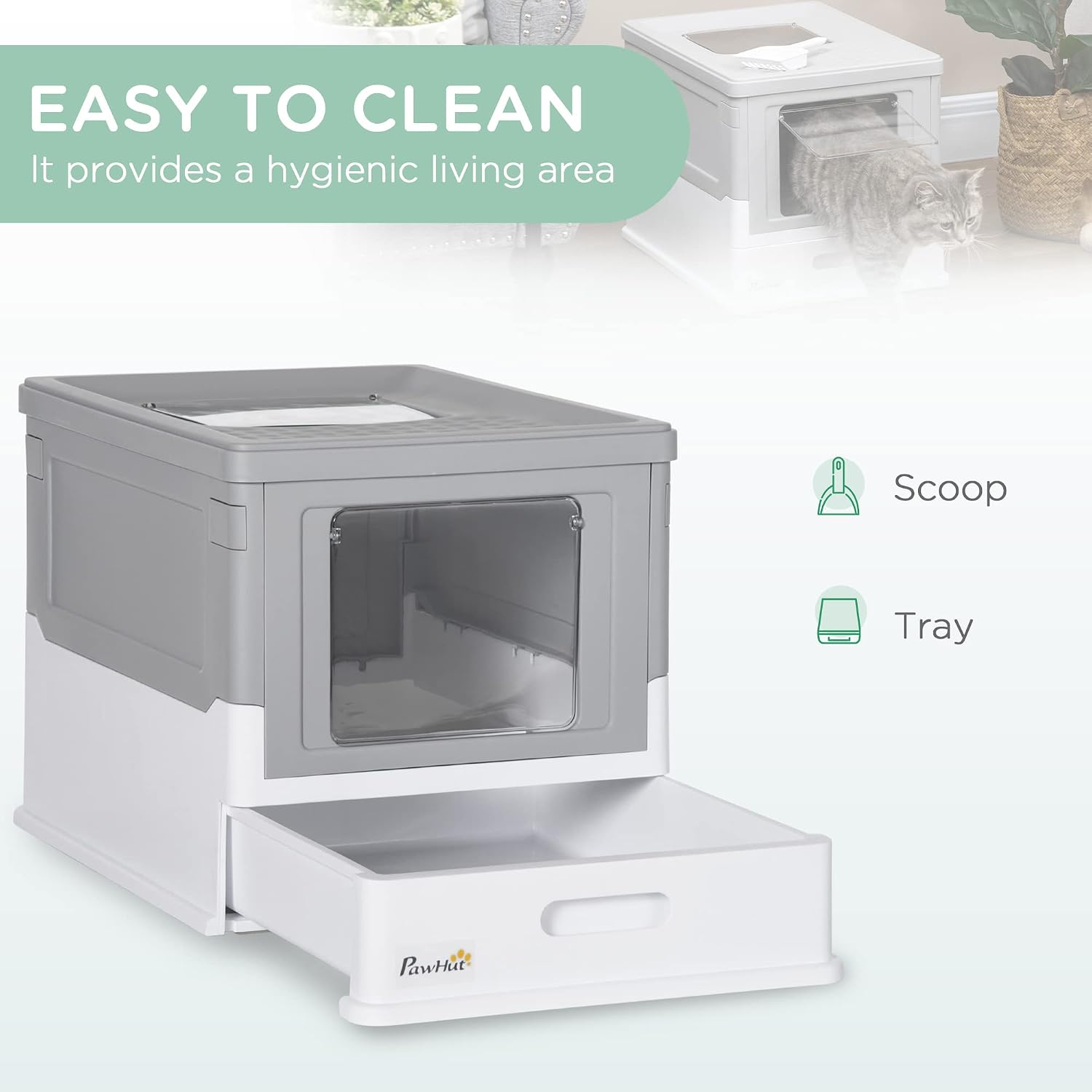 Thumbnail 2 de PawHut Cat Litter Tray with Hood – Enclosed Litter Box with Front Entry, Scoop and Foldable Design