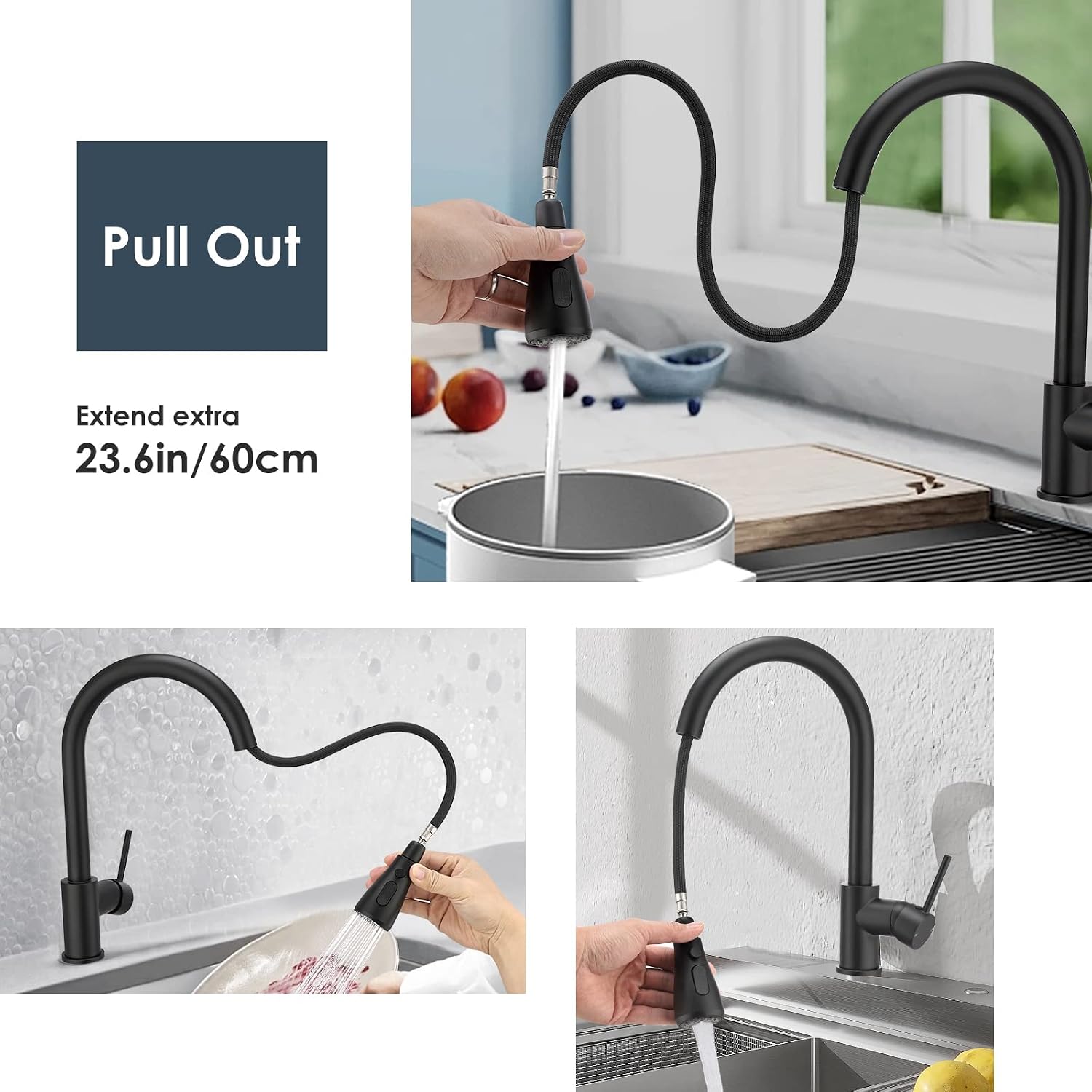 Detalle de Peppermint Black Kitchen Tap with Pull Out Spray – 3-Mode High Arc Mono Mixer