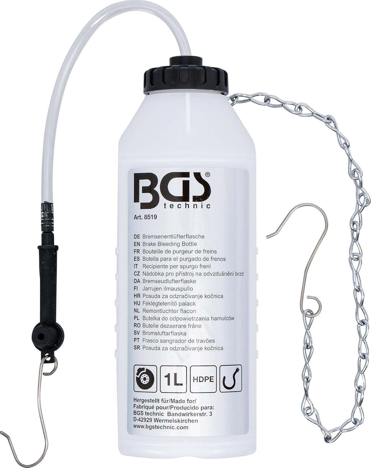 Detalle de BGS 8519 Recipiente per spurgo freni | Bottiglia in plastica 1 L con catena e gancio