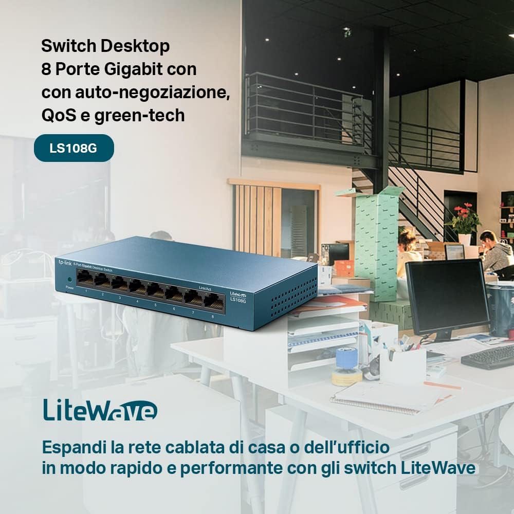 Detalle de TP-Link LS108G switch Ethernet Gigabit a 8 porte con QoS e struttura in metallo