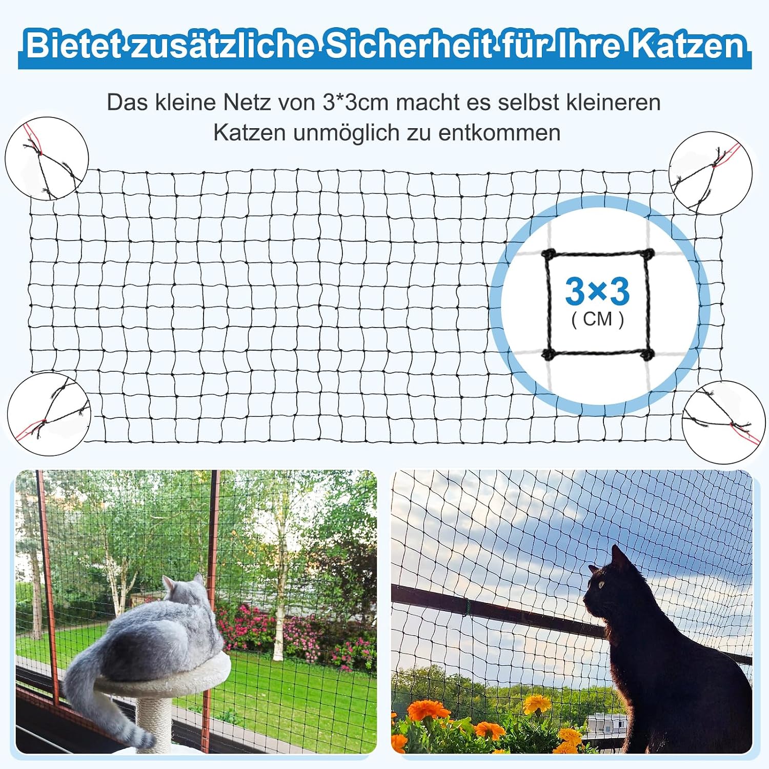 Detalle de Aystkniet Katzennetz für Balkon 12 x 3 m – Drahtverstärkt, UV-beständig, einfache Installation