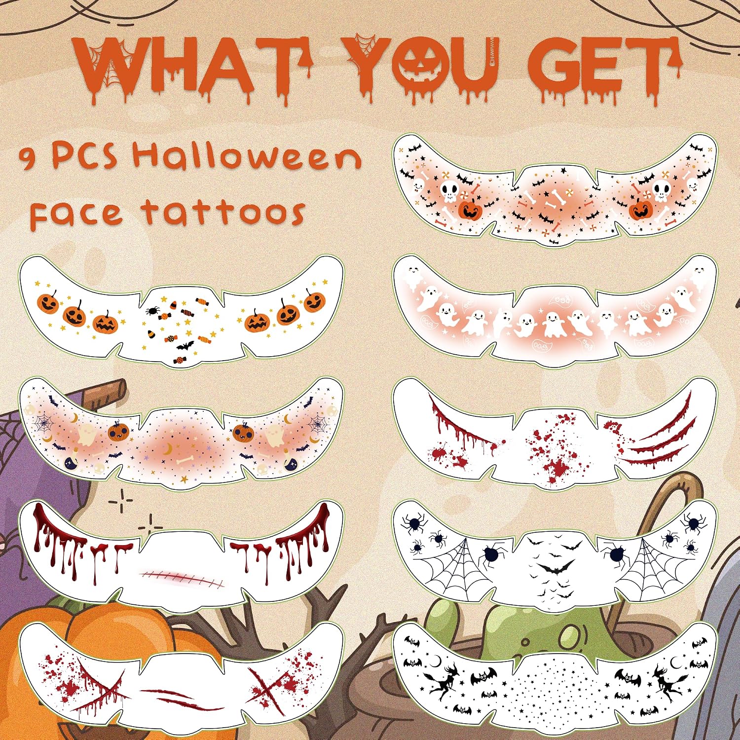 Detalle 2 de Halloween Face Tattoos 9-Pack