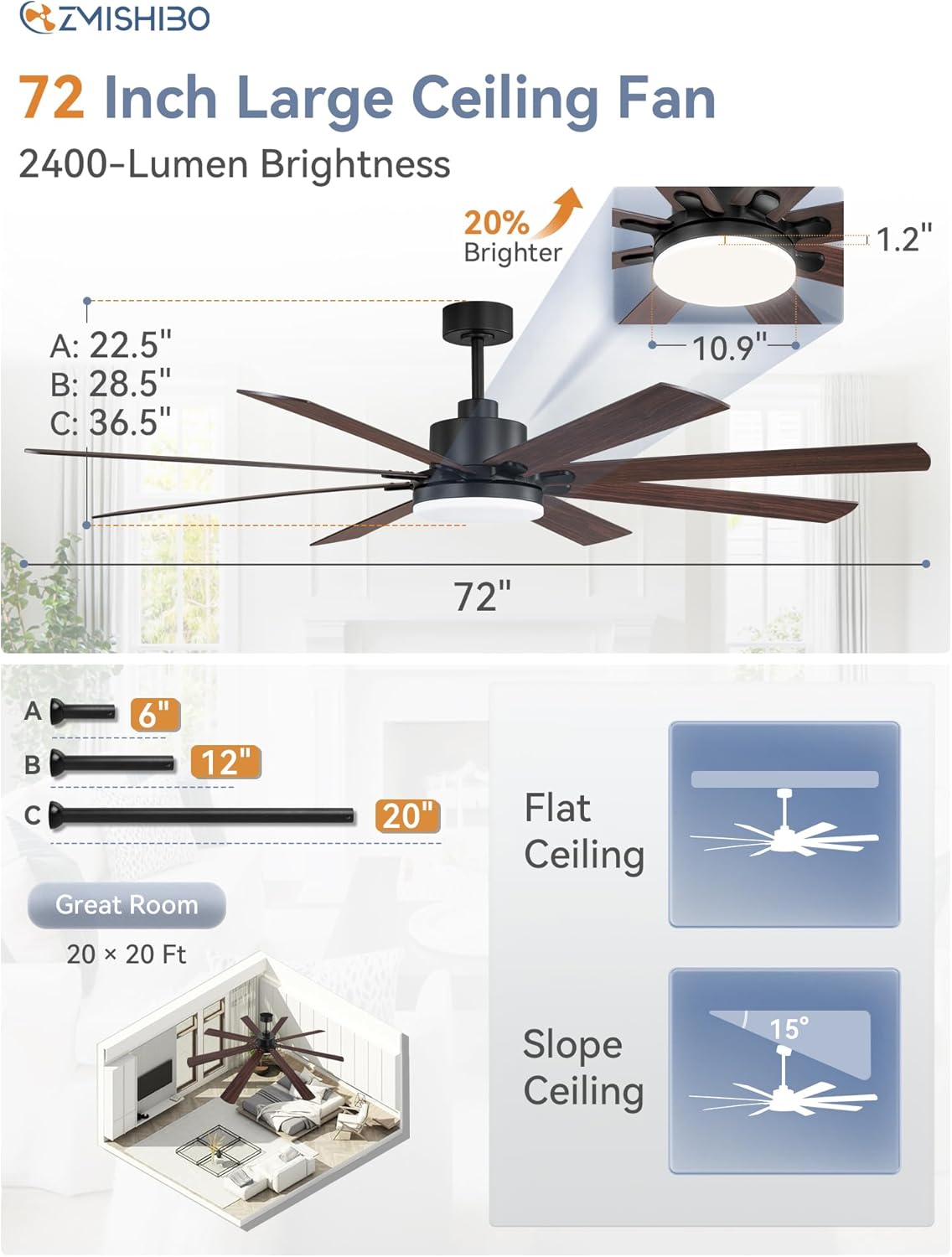 Thumbnail 1 de 72 Inch Large Ceiling Fan with Remote and LED Panel — Quiet, Reversible DC Motor for Indoor/Outdoor Use