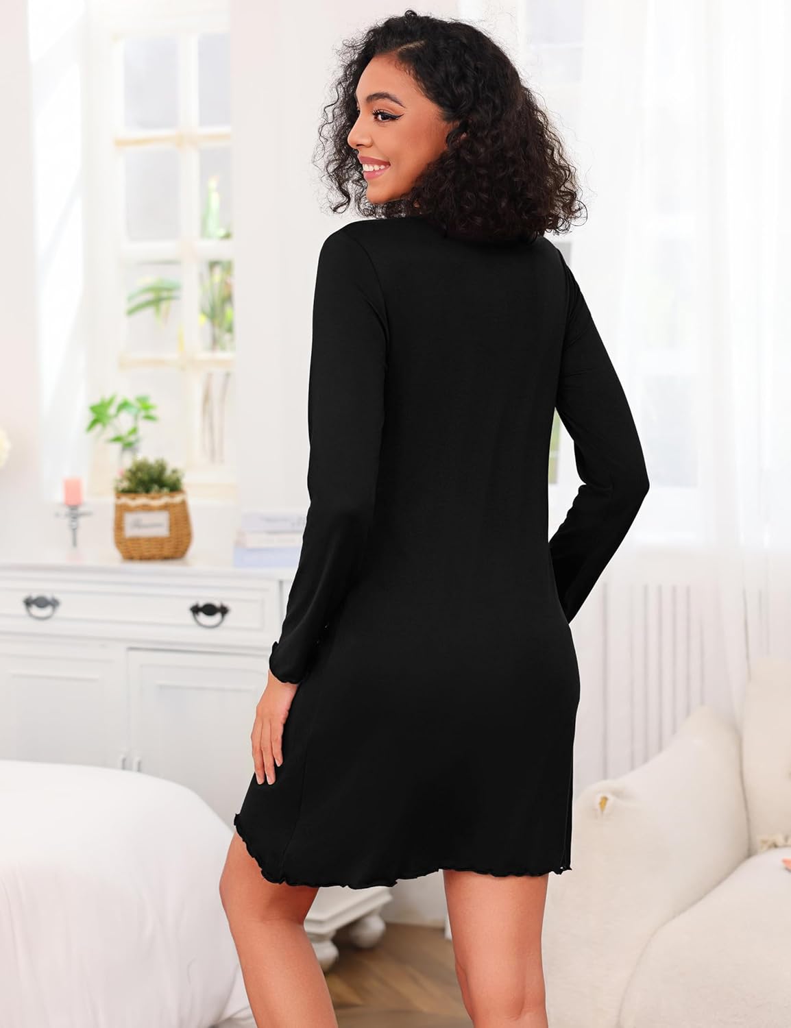 Thumbnail 6 de Demegimi Chemise de Nuit Femme en Coton à Manches Longues — Nuisette Élégante avec Col en V et Finition Délicate