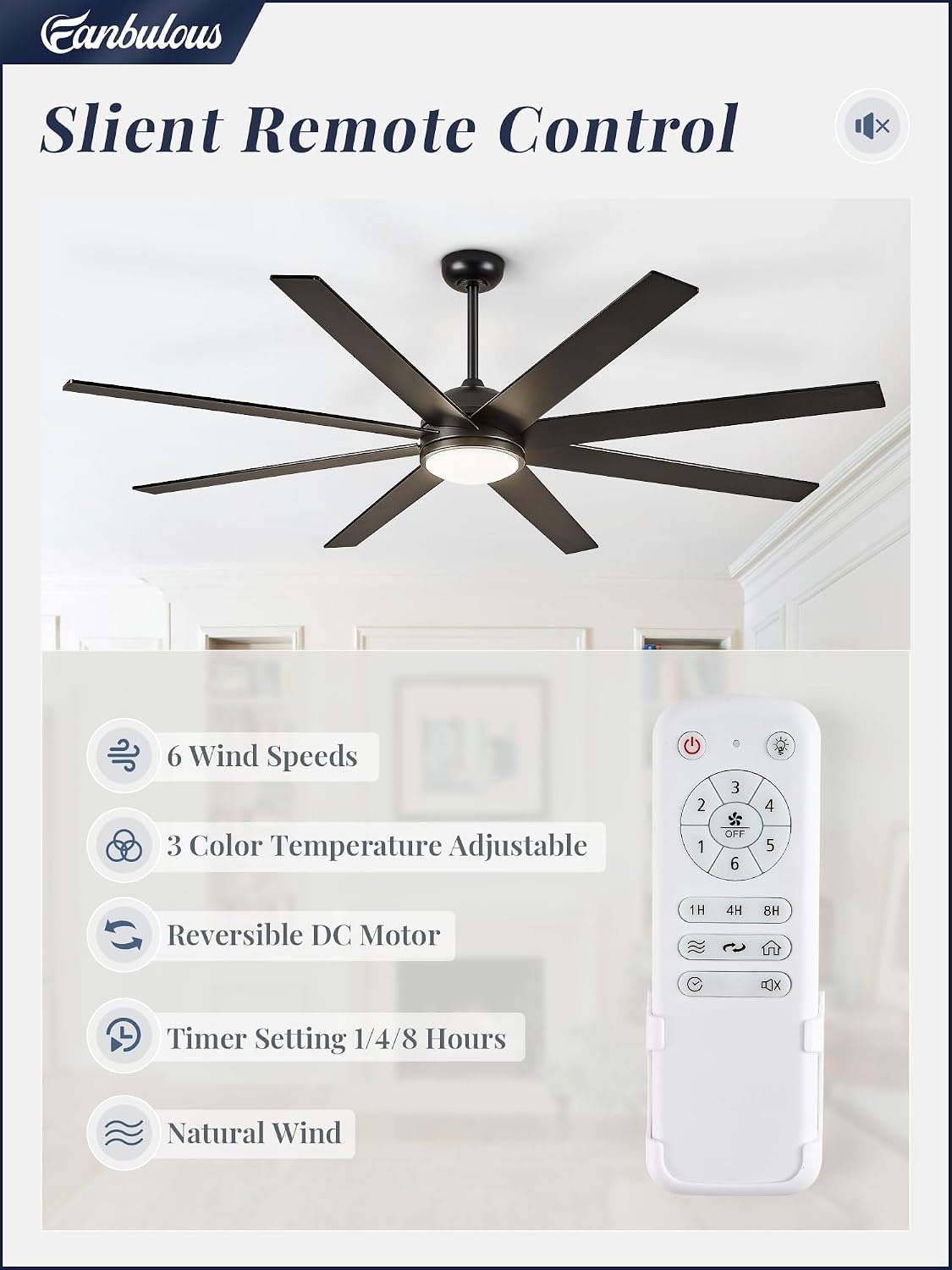 Detalle 2 de Fanbulous 65 Inch Ceiling Fan with Lights and Remote — Black Indoor/Outdoor, Quiet DC Motor