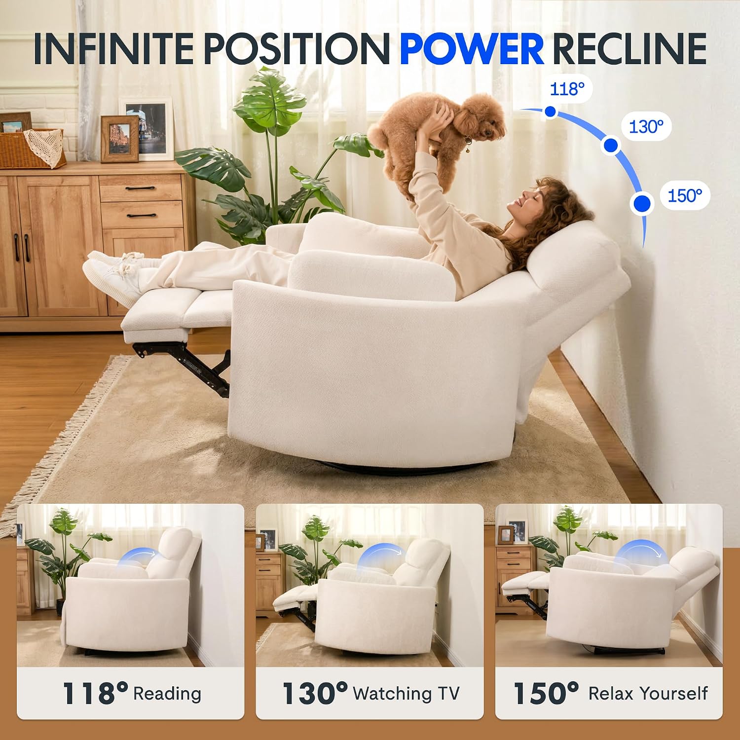Thumbnail 3 de FLEXISPOT Oversized Power Recliner Chair (Mochi) – Extra Wide 54" Zero-Wall, USB & Type-C, Plush Chenille