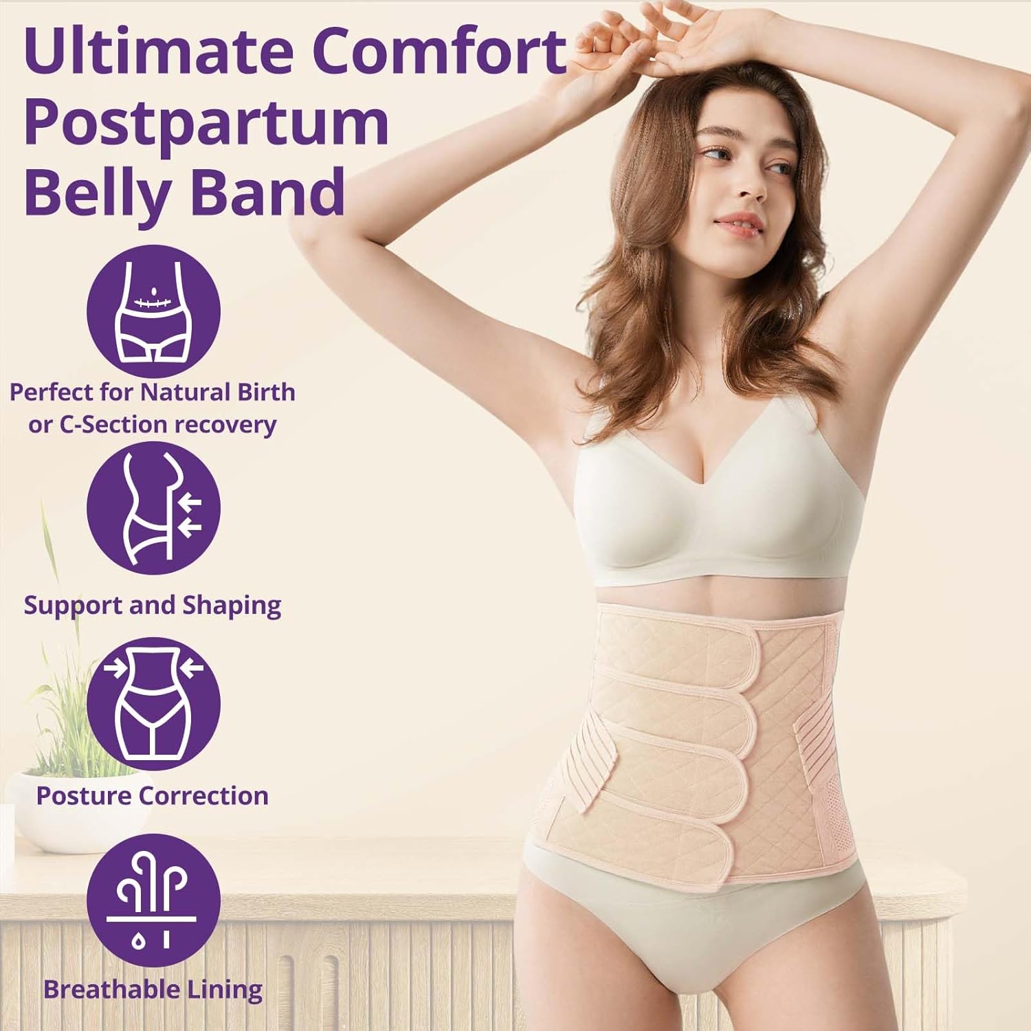 Detalle de JOYNCLEON Ceinture de Grossesse Post-Partum avec Bande Pelvienne – Ventre Plat et Soutien Abdominal Réglable (Beige, Medium, <50 kg) pour voie basse et Césarienne