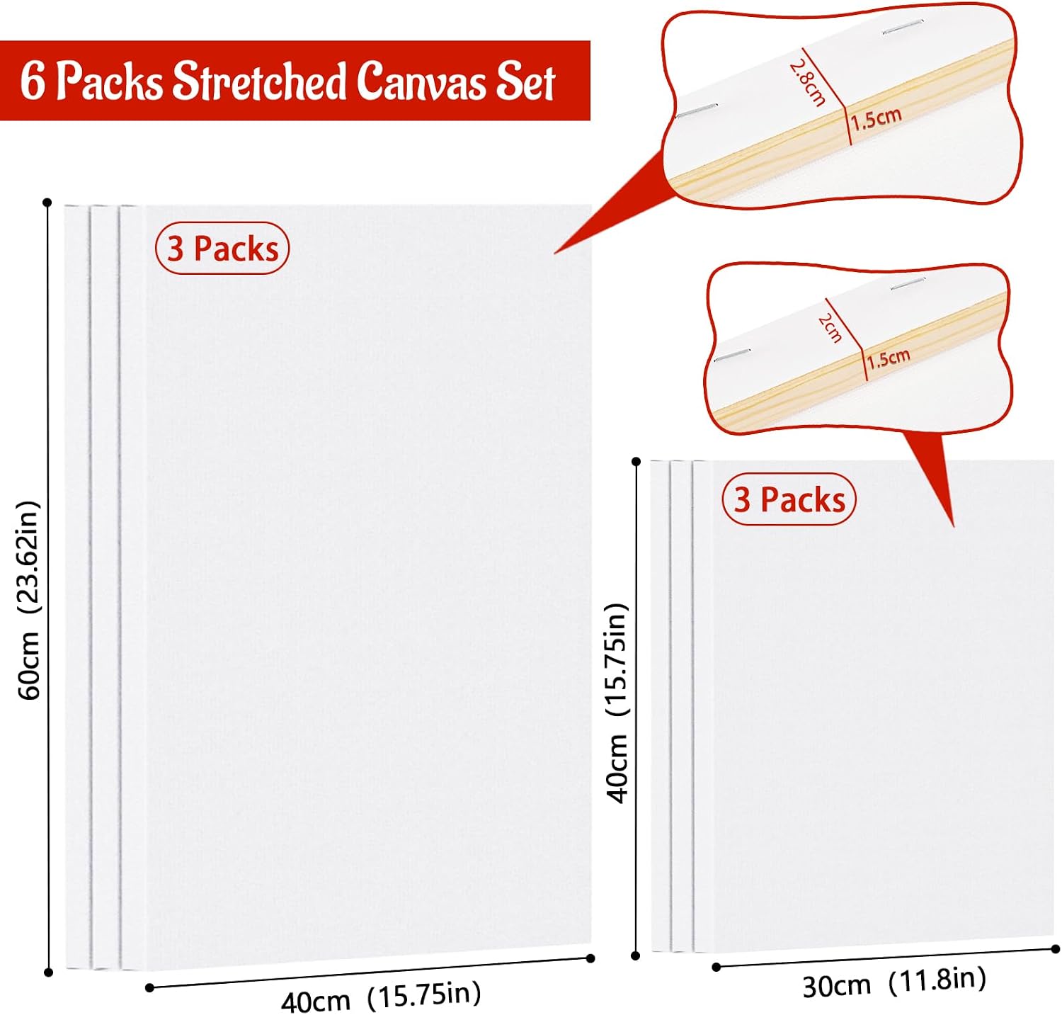 Thumbnail 1 de Ordfingo Stretched Canvas for Painting 30x40CM & 40x60CM – 6 Pack, Triple Primed, 280GSM, Acid Free