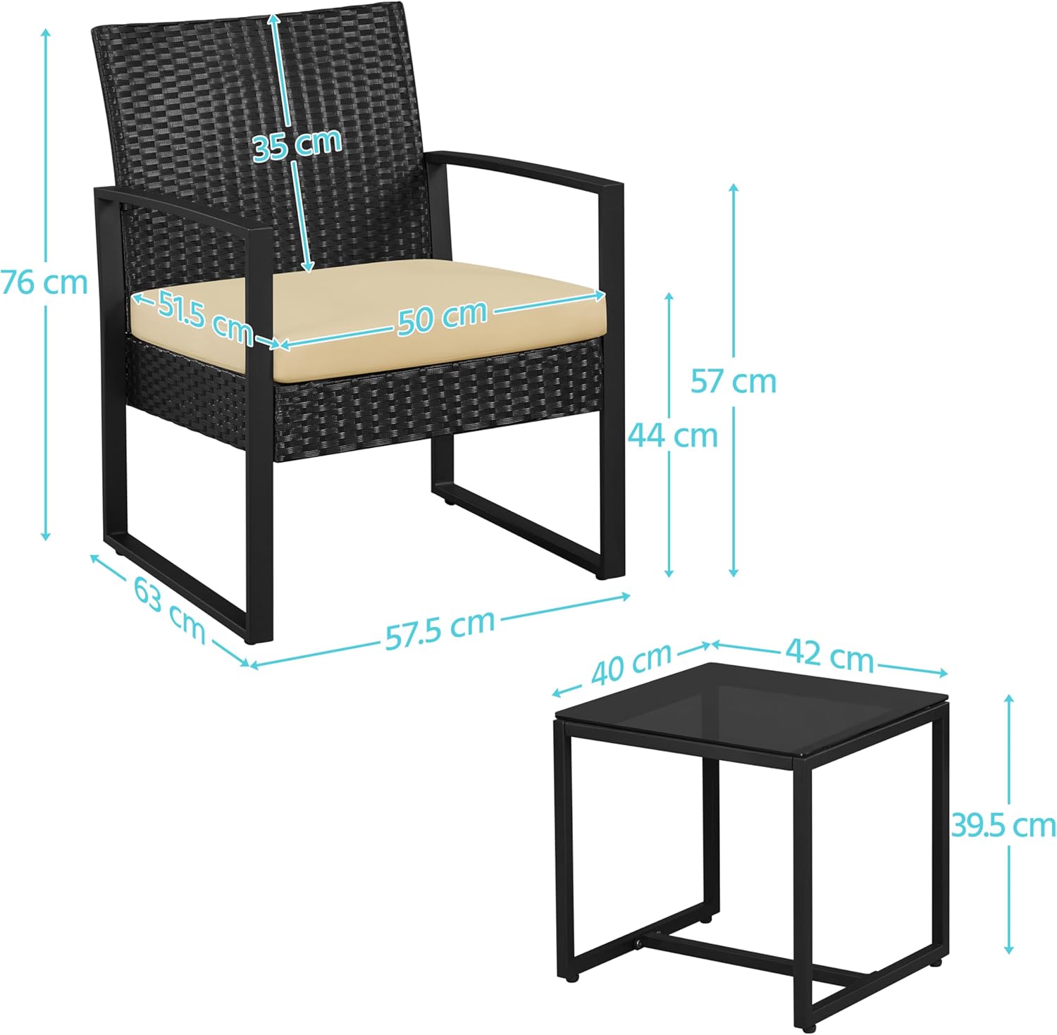 Detalle de Yaheetech Set Mobili da Giardino in Poly Rattan – 2 Sedie e Tavolino da Balcone con Cuscini