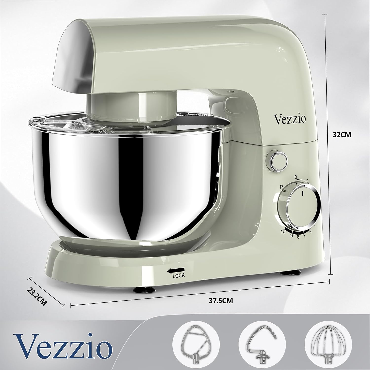 Detalle de Vezzio Small Stand Mixer (4.5L) 1500W 10-Speed Kitchen Cake Mixer – Green