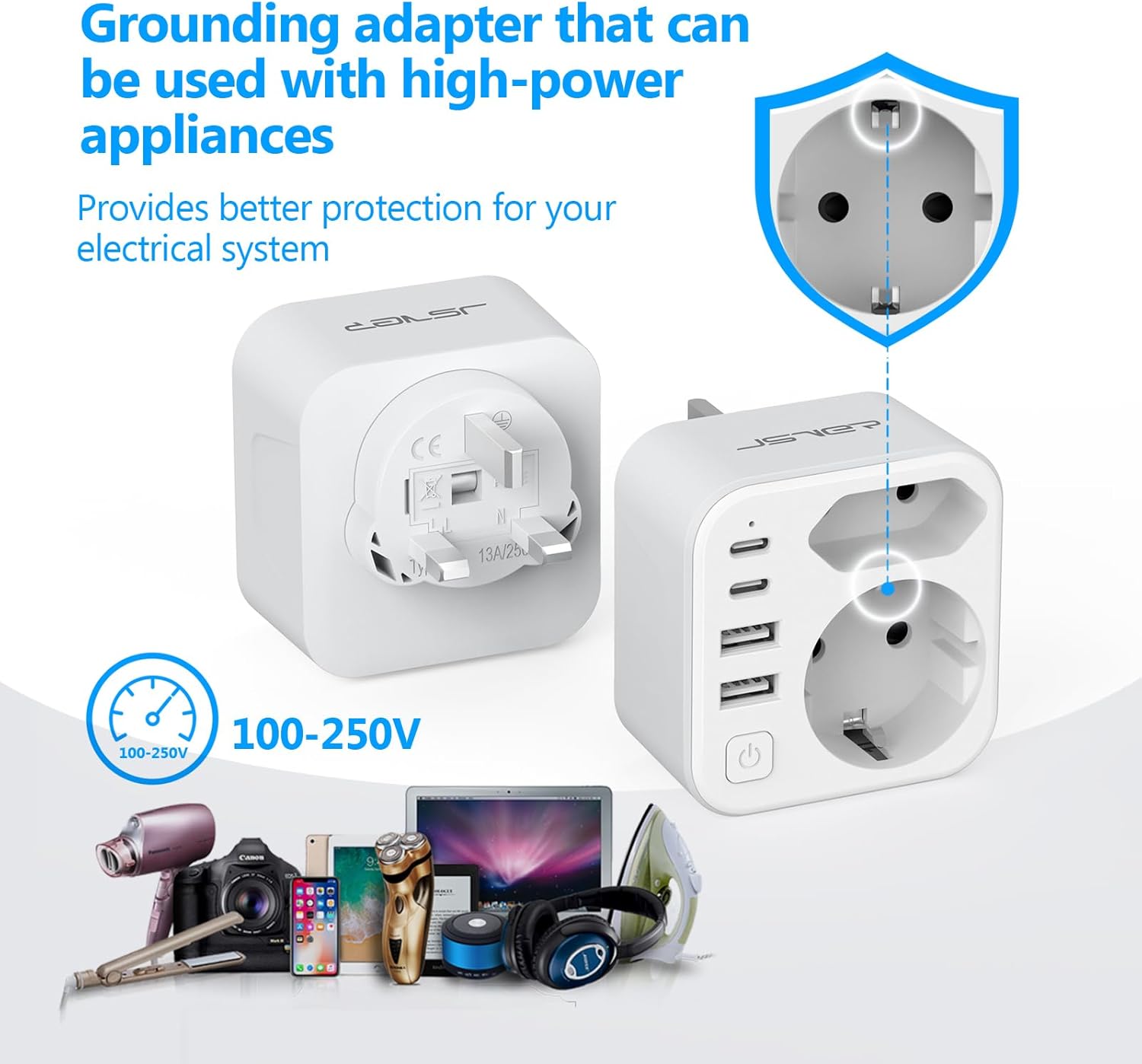 Thumbnail 6 de JSVER Adaptateur prise anglaise pour voyage France/Europe vers UK – 2 USB-C, 2 USB-A, 3680 W (Type G, blanc)