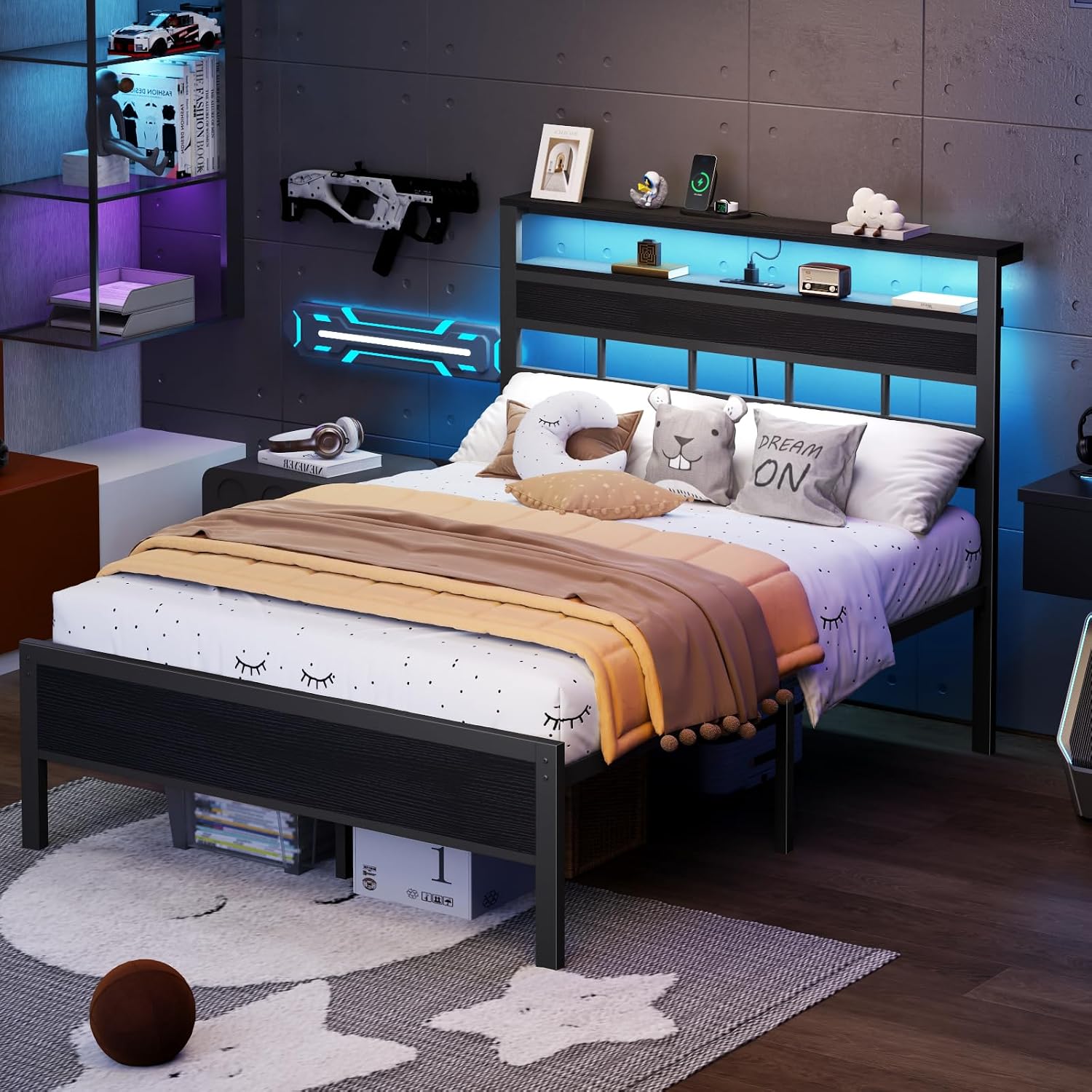 Detalle 1 de Furnulem BF-015-F Full Bed Frame with RGB LEDs and Charging Headboard