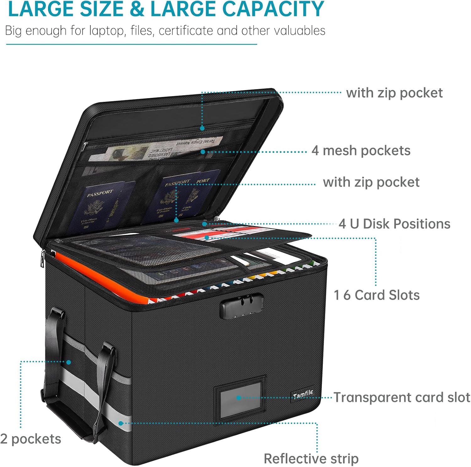 Thumbnail 3 de Tamfile feuerfeste und wasserfeste Dokumentenbox mit Schloss – zusammenklappbar, schwarz