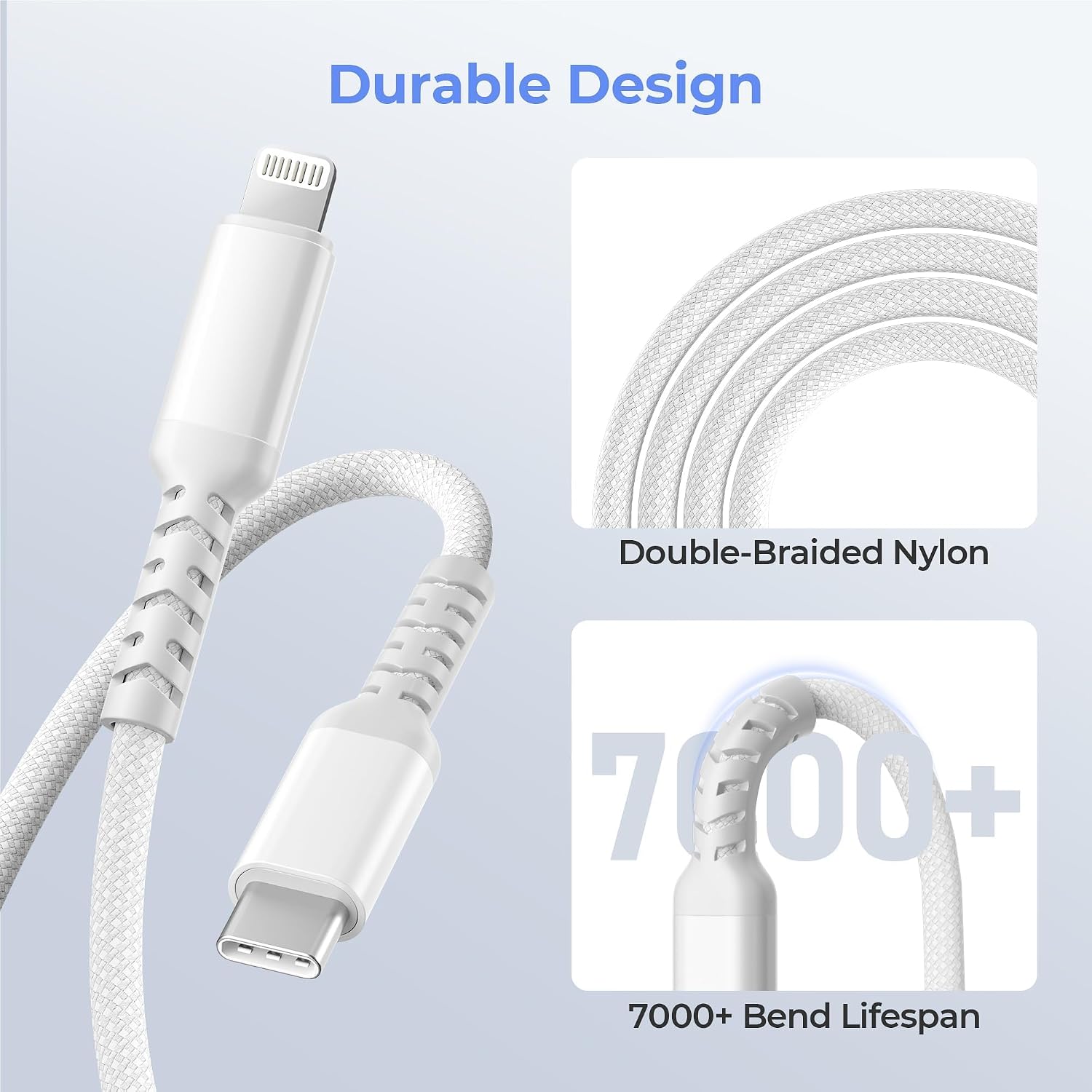 Detalle de Elebase USB-C to Lightning Cable with USB-A Adapter for iPhone and iPad (3m, 10ft) – PD Fast Charge & Data