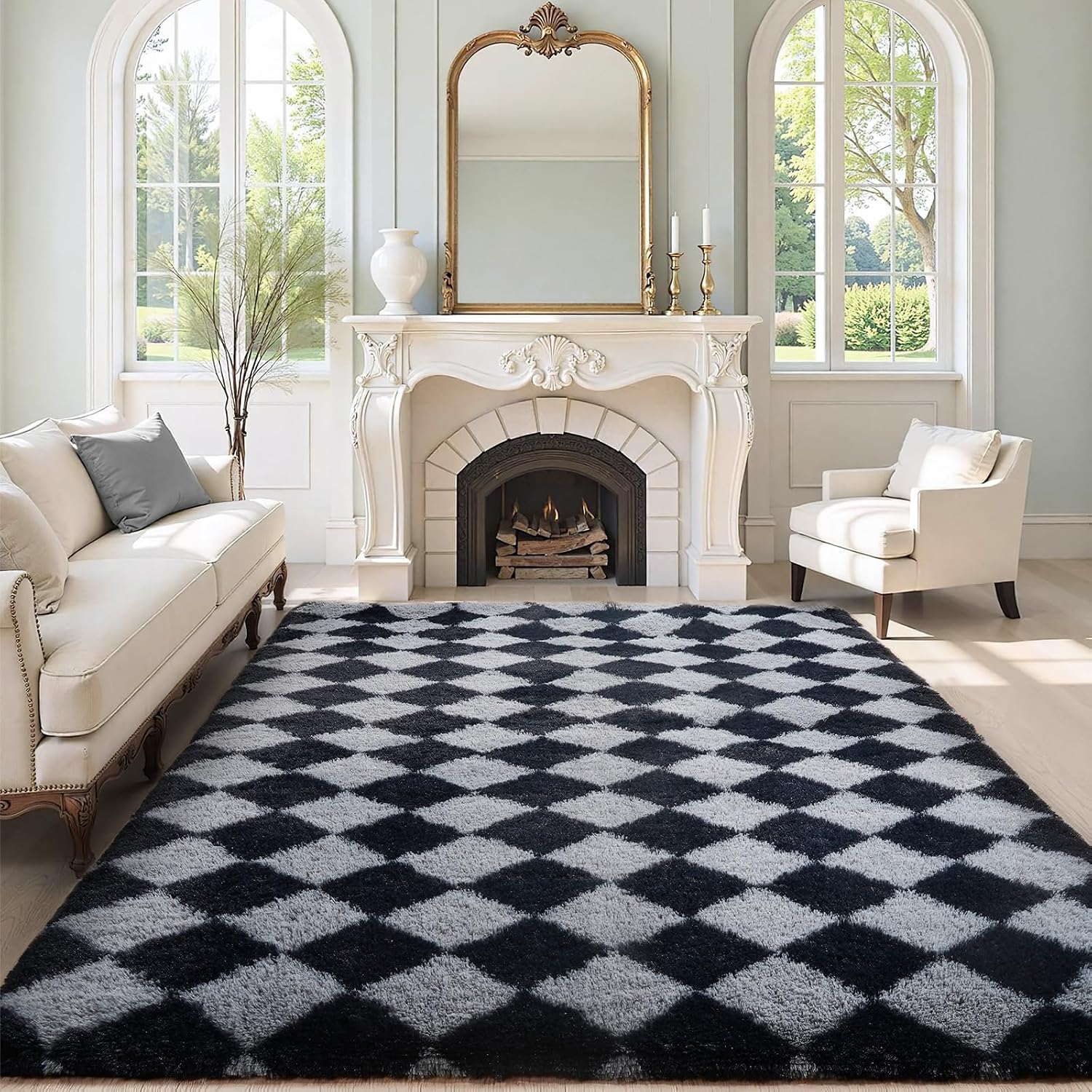 Detalle 2 de FVVRAX Checkered Fluffy Rug 200x300cm (Black & Grey) – Plush low-shedding non-slip area rug