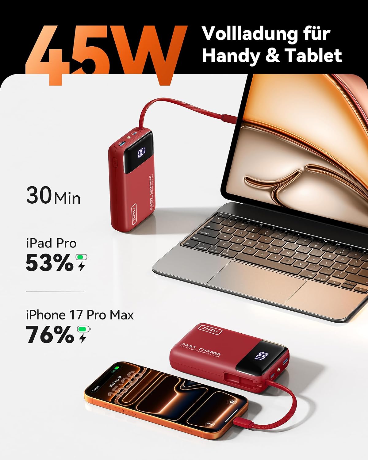 Detalle de INIU 45W Power Bank – Ultraklein mit 20000 mAh und integriertem USB‑C Kabel
