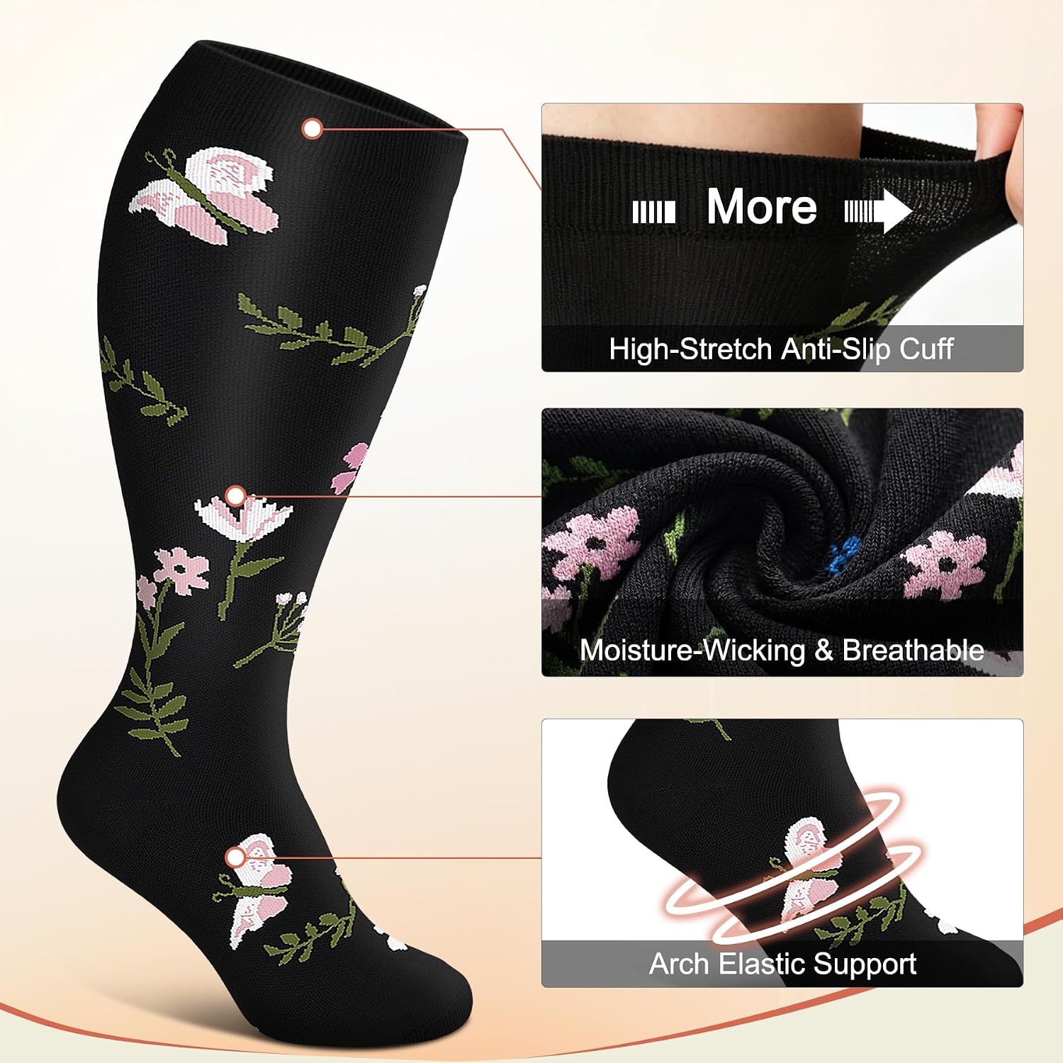 Detalle 2 de Diu Life Plus Size Compression Socks, 3 Pairs, Wide-Calf Knee-High, 15–20 mmHg