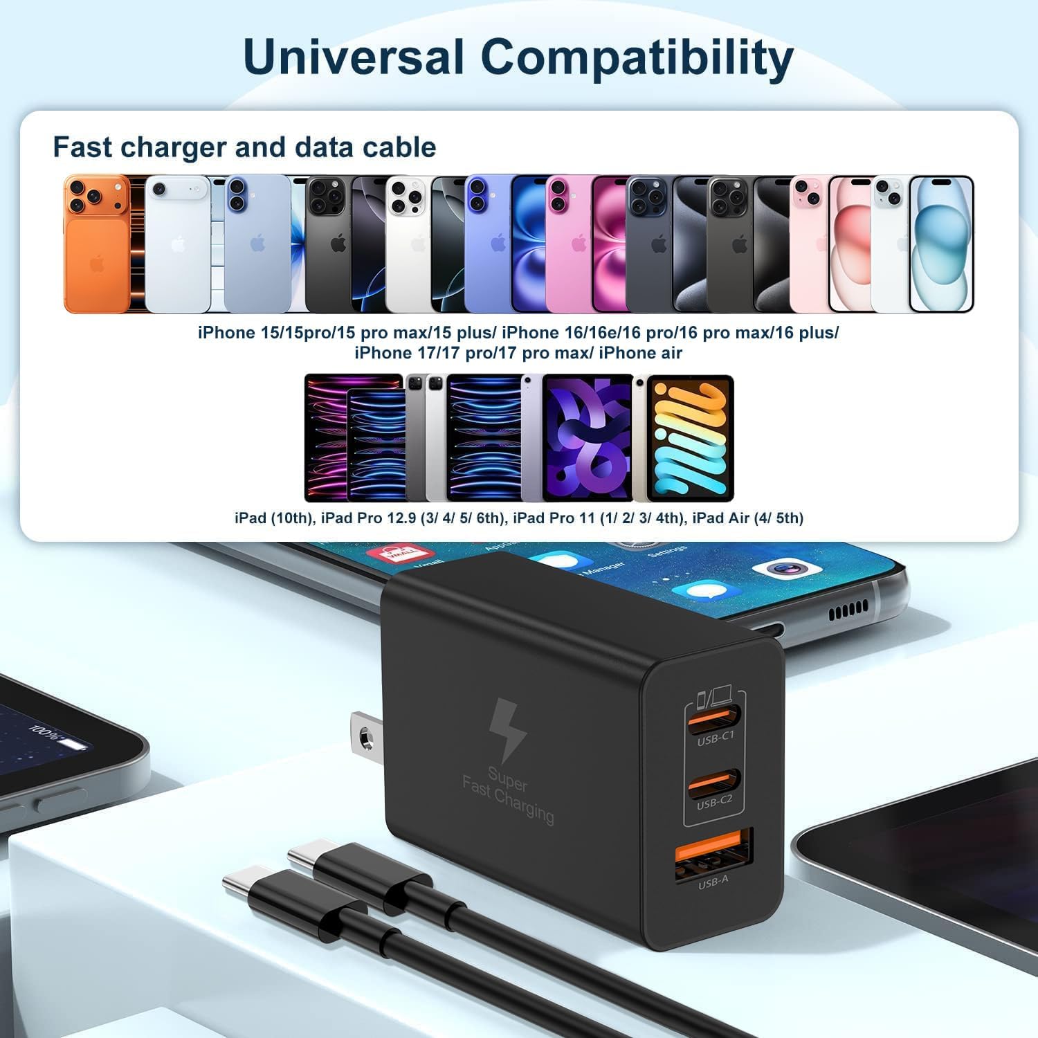 Thumbnail 1 de 100W USB-C Super Fast Charger Block (Dual Port) with 10ft USB-C to USB-C Cable — 2 Pack Charging Station
