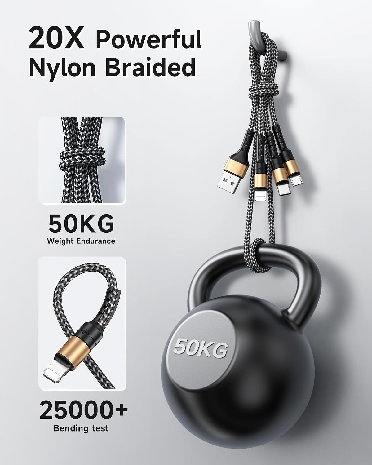 Detalle de RAVIAD Multi USB Kabel 2M – 3-in-1 Nylon-Ladekabel mit Micro USB, USB-C und Lightning