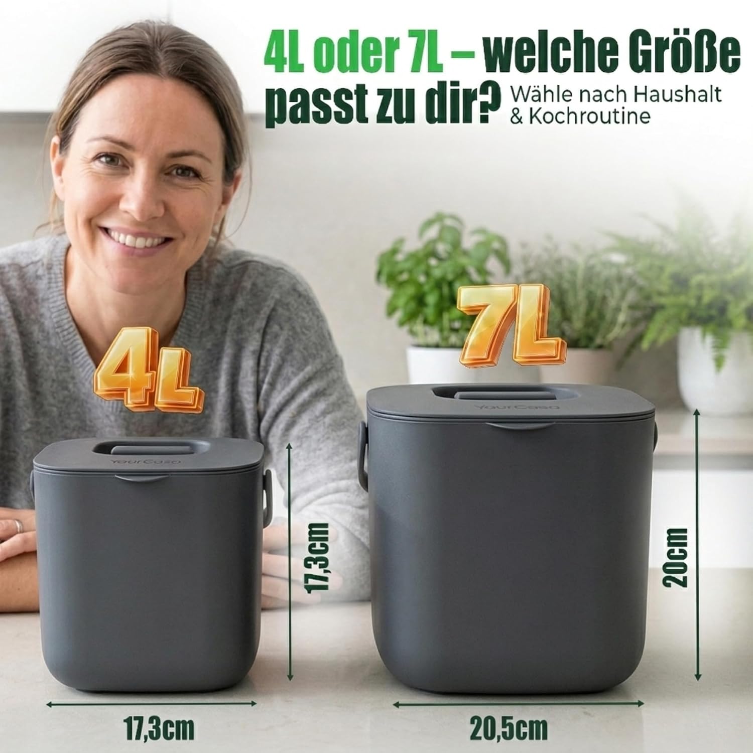 Detalle de YourCasa Biomülleimer Küche 7L mit herausnehmbarem Sieb & Deckel (geruchsdicht, spülmaschinenfest) – Anthrazit