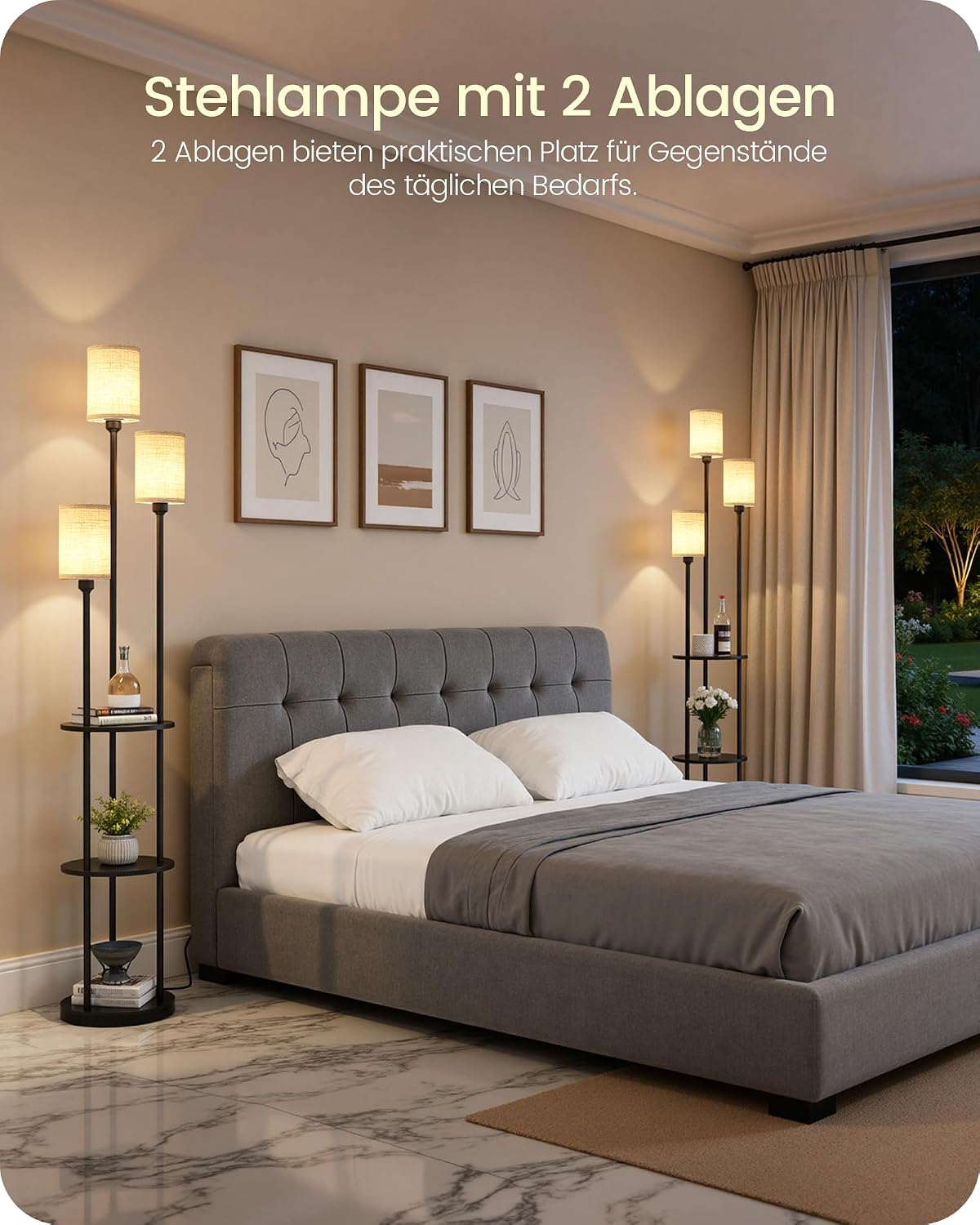 Thumbnail 6 de GOEBLESON Stehlampe Wohnzimmer mit Ablage – 3‑flammige Regal-Stehlampe ZE53LDD05, retro schwarz/beige
