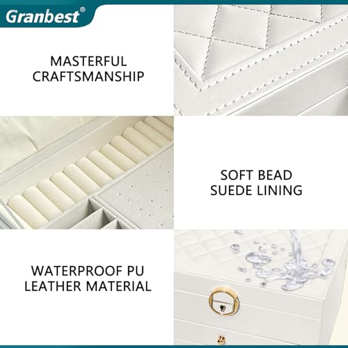 Thumbnail 3 de Granbest 3 Layers Jewellery Box with 2 Drawers — Elegant Leather Storage for Necklaces, Rings, Bracelets and Earrings (White)