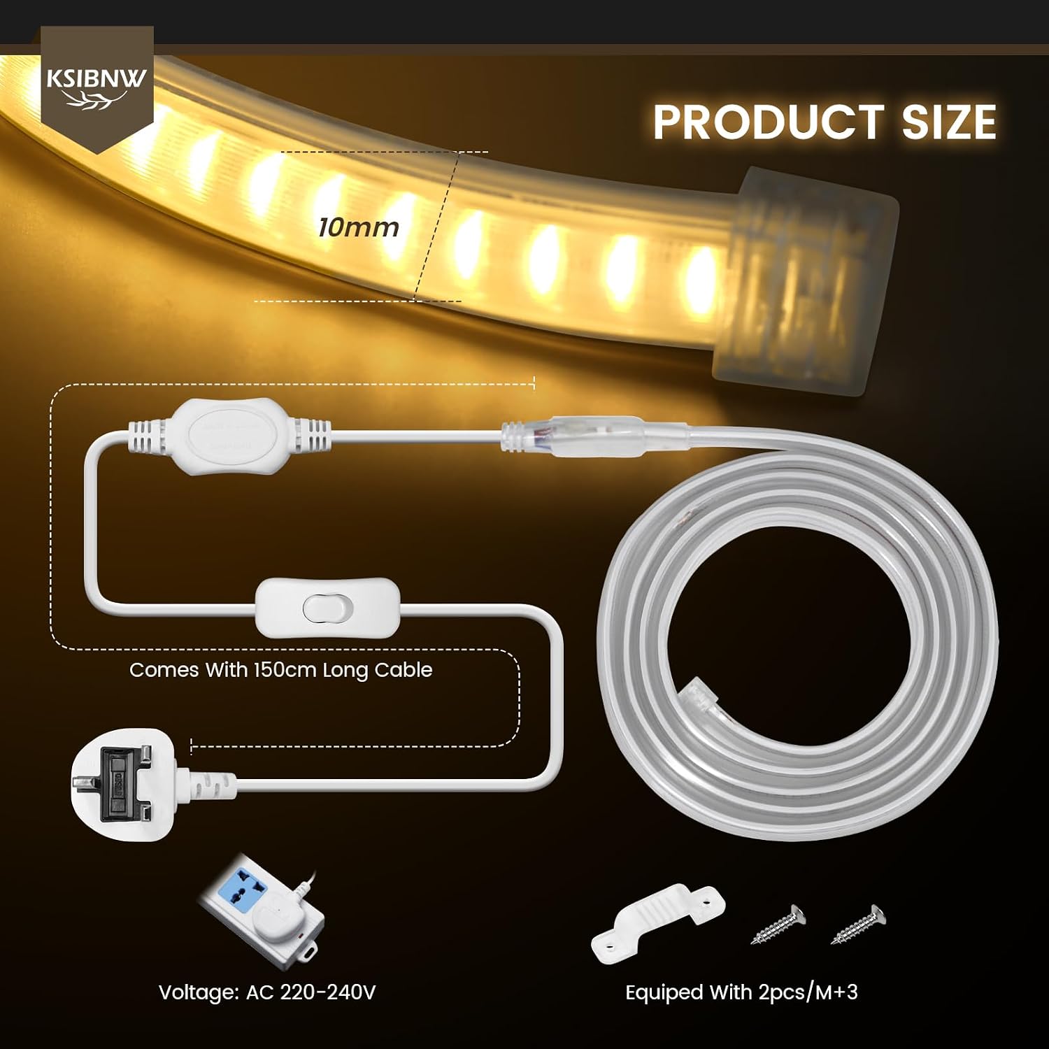 Detalle de KSIBNW 10M LED Strip Light – Waterproof Outdoor Neon Rope Light, 220–240V, Cool White