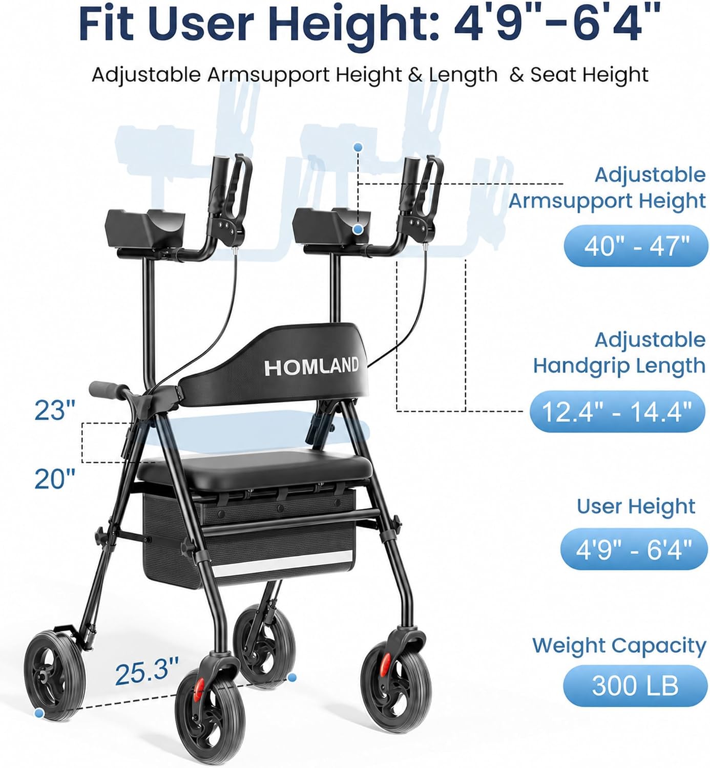 Detalle 2 de HOMLAND Upright Walker with Seat, 8-Inch Wheels, 16-Inch Padded Seat, 300 lb Capacity