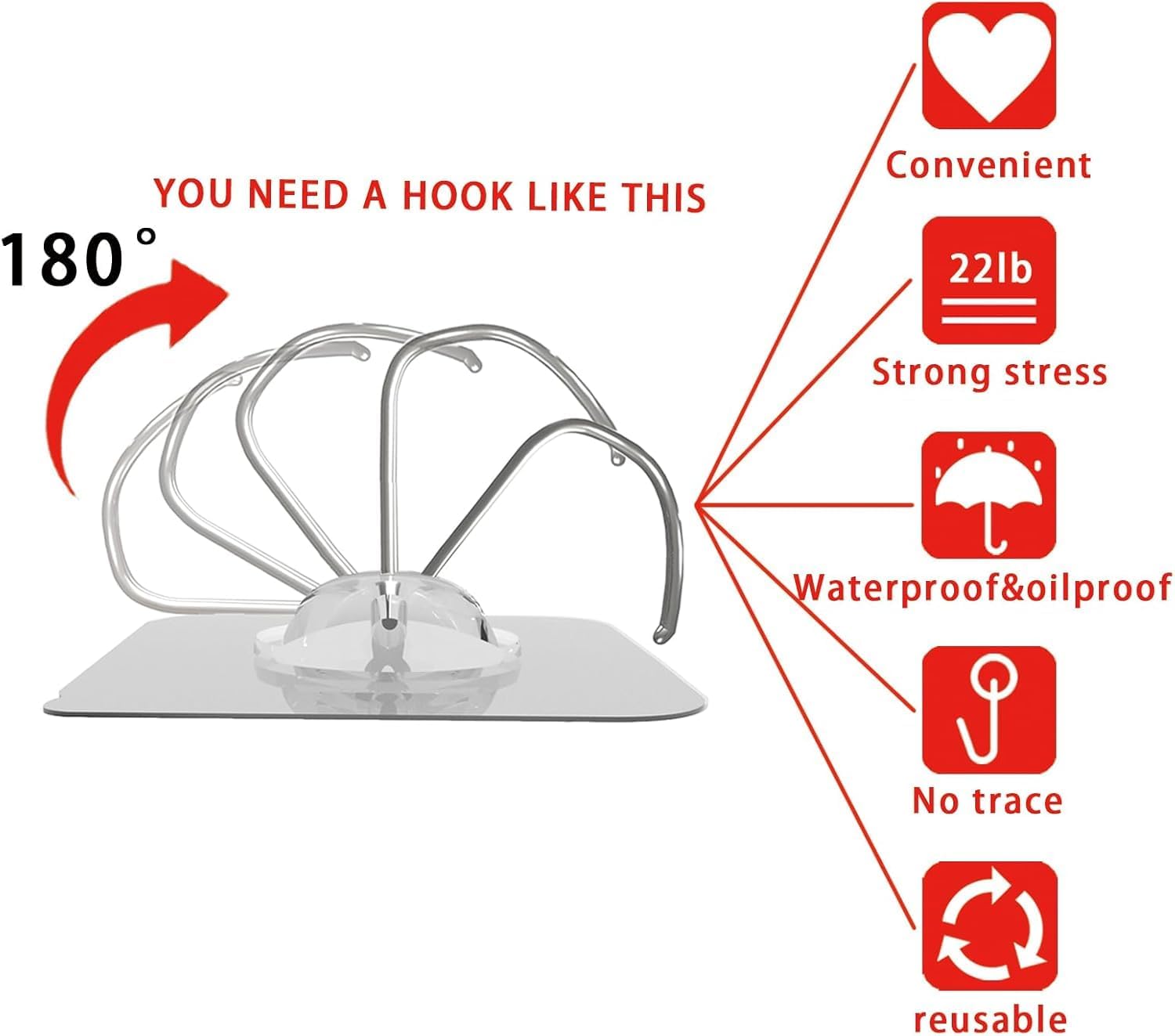 Detalle 2 de Latoxcaa 704AW Wall Adhesive Hooks, 20-Pack, Clear, 22 lb Capacity