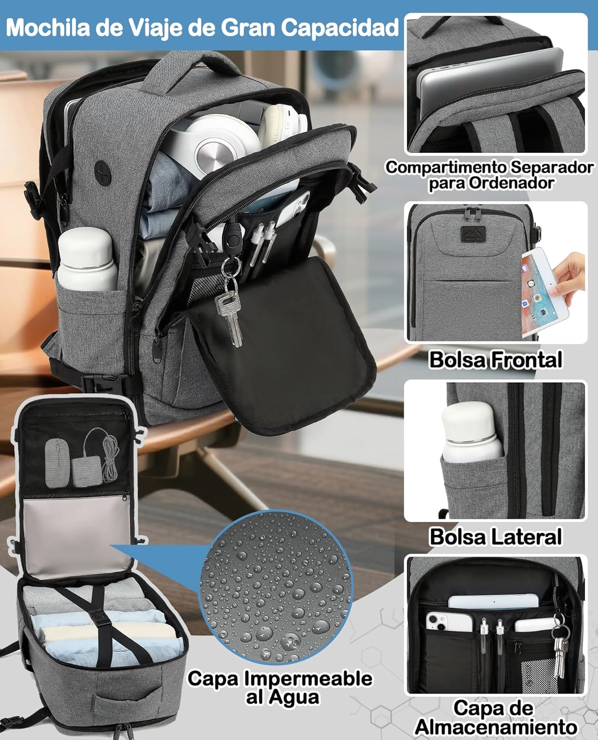 Detalle 2 de LYNXCHER Mochila de Viaje Cabina ✈️ 30L para Portátil 15.6" Gris