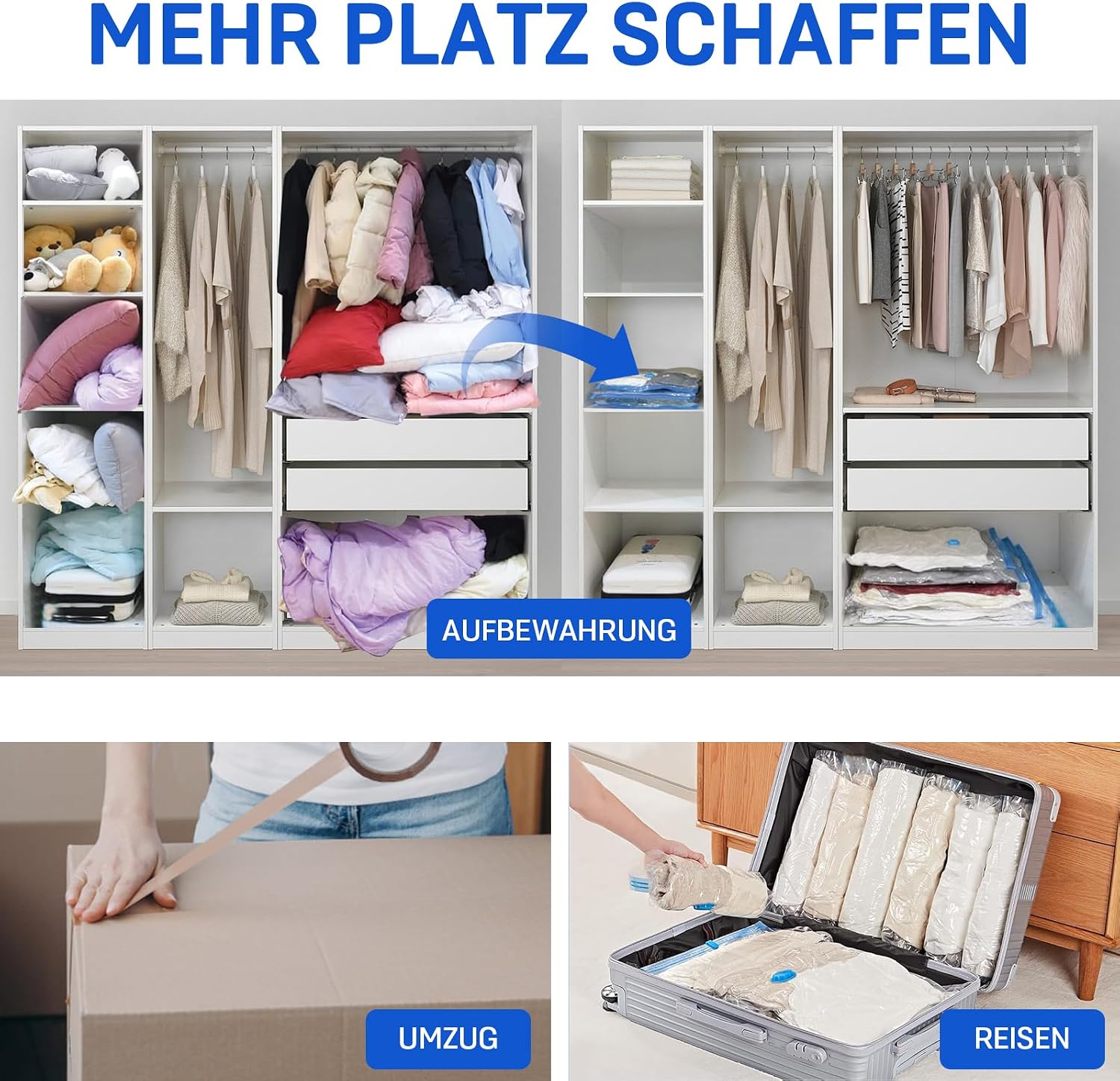 Detalle 2 de Captainfive Vakuumbeutel für Kleidung und Bettdecken – 12 Stück in 3 Größen (4×100×80 cm, 4×80×61 cm, 4×60×41 cm) mit Pumpe