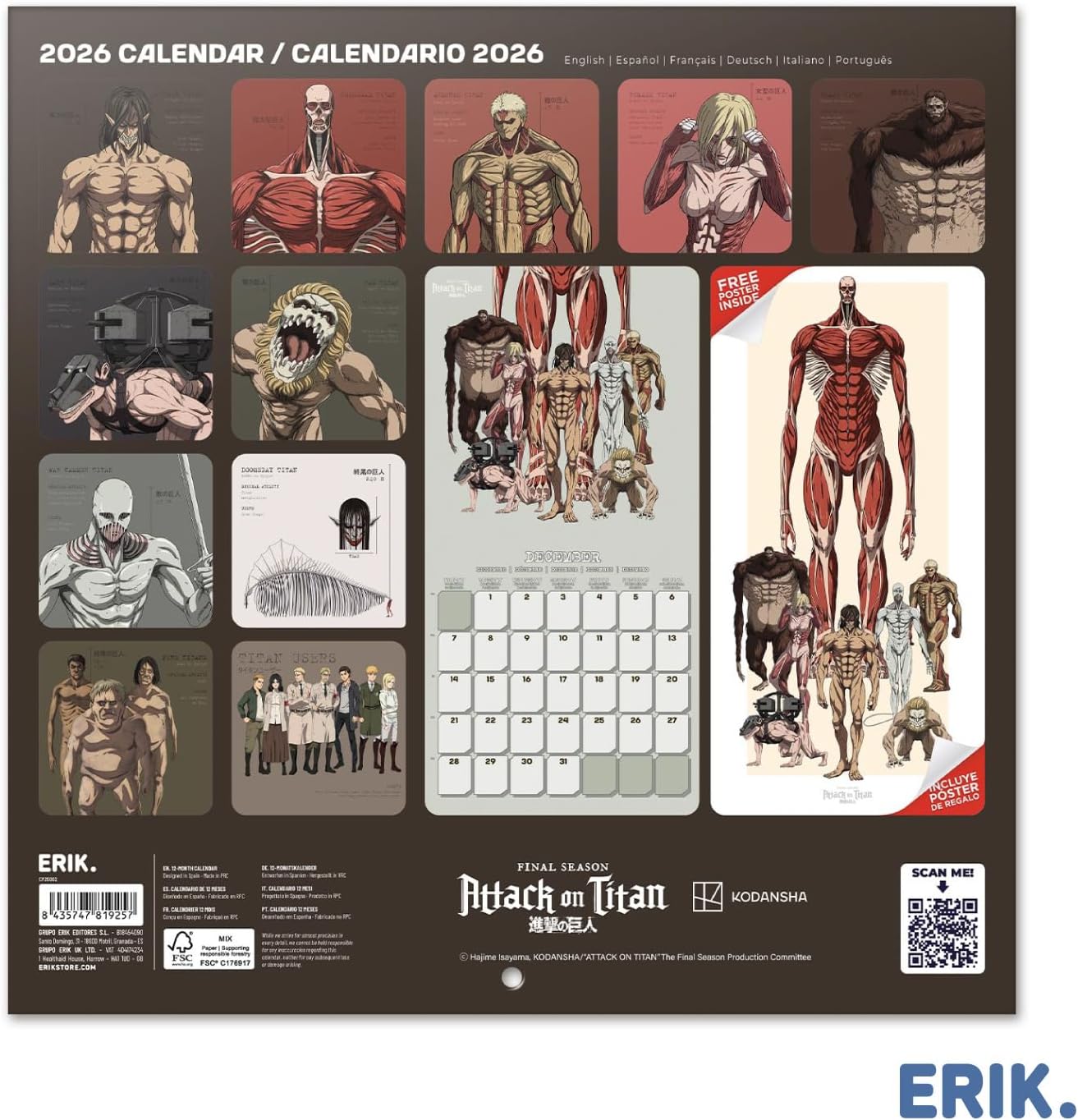 Detalle 2 de Grupo Erik Calendario 2026 Attack on Titan mensile 30x30 cm đź“…