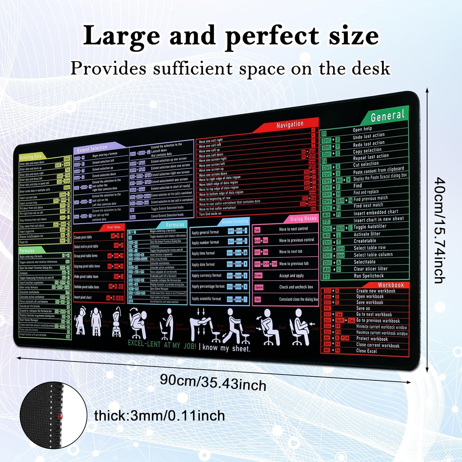 Detalle de Yimomoyi Mousepad „Excel Shortcuts“ – XXL Schreibtischunterlage 900 x 400 mm mit Anti-Rutsch-Unterseite