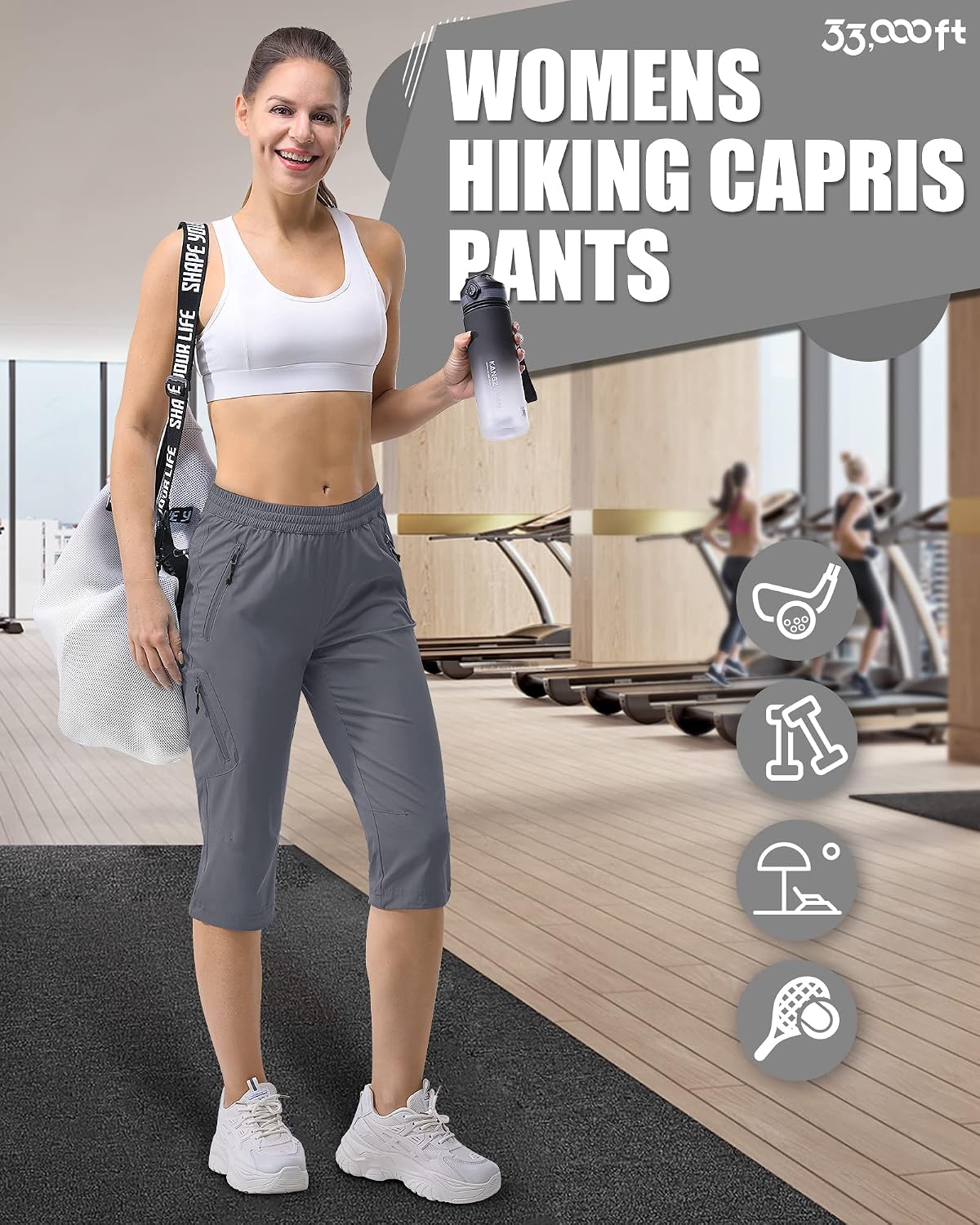 Detalle de 33,000ft Damen 3/4 Hose Capri Wanderhose – Leichtes, stretchiges Outdoor-Outfit mit Taschen