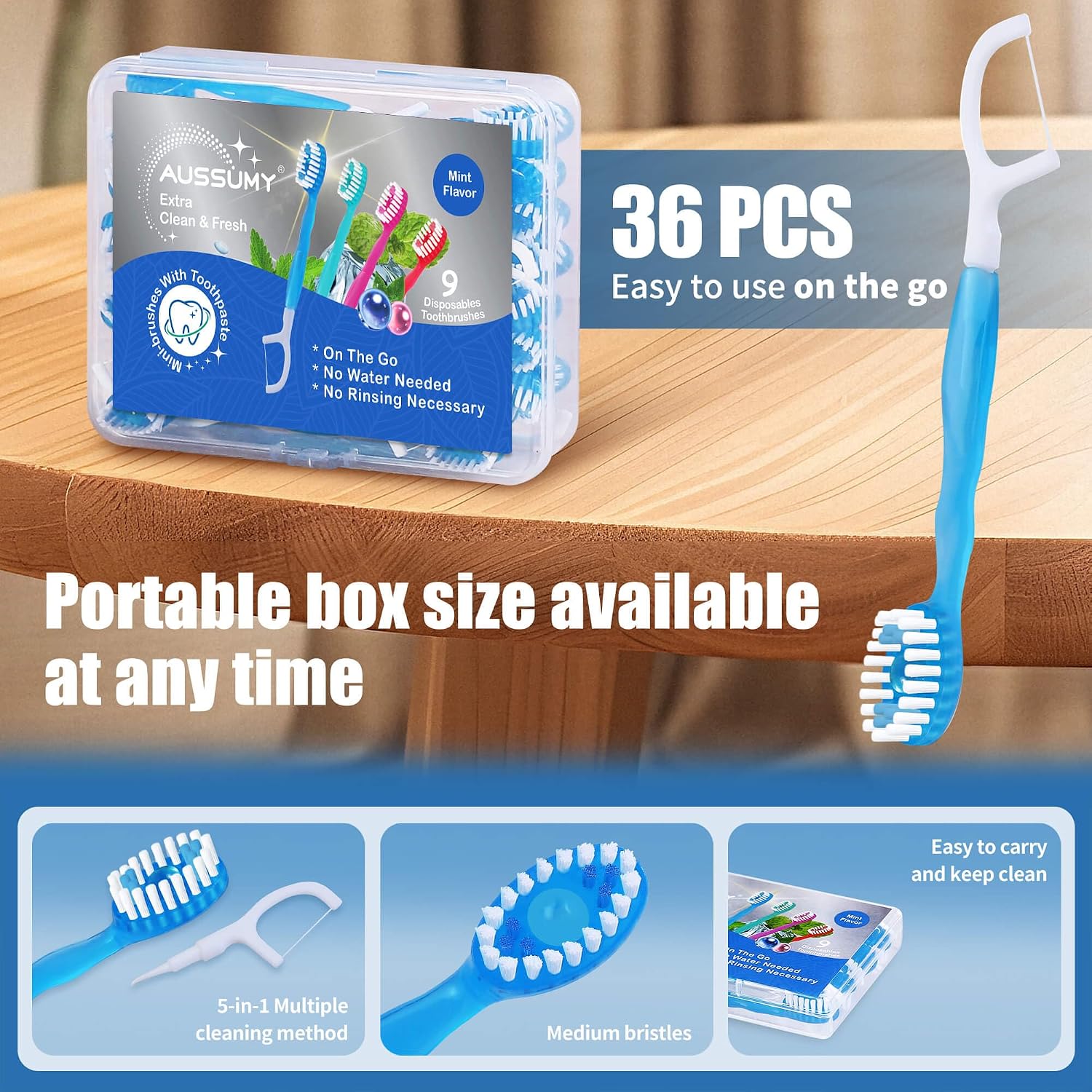 Thumbnail 1 de 36 Pack Mini Disposable Toothbrushes – 5-in-1 Prepasted Travel Toothbrush with Toothpaste, Floss & Pick