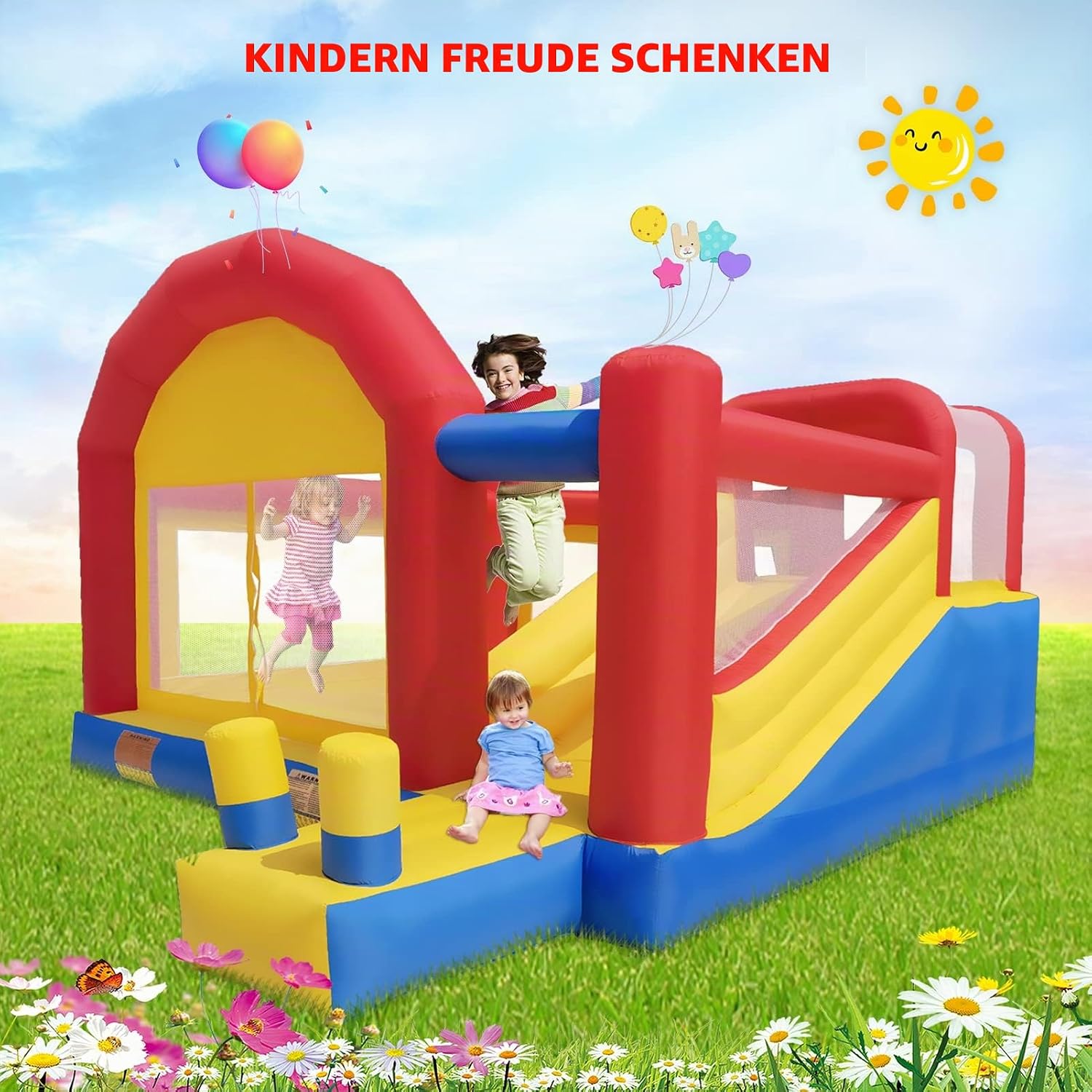 Detalle 2 de Ballsea Hüpfburg XXL – Großes aufblasbares Schloss mit Trampolin, Rutsche & Kletterwand (ohne Gebläse)