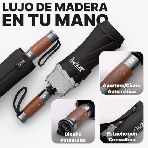 Detalle de Royal Walk Paraguas de viaje plegable resistente al viento con mango de madera y apertura automática