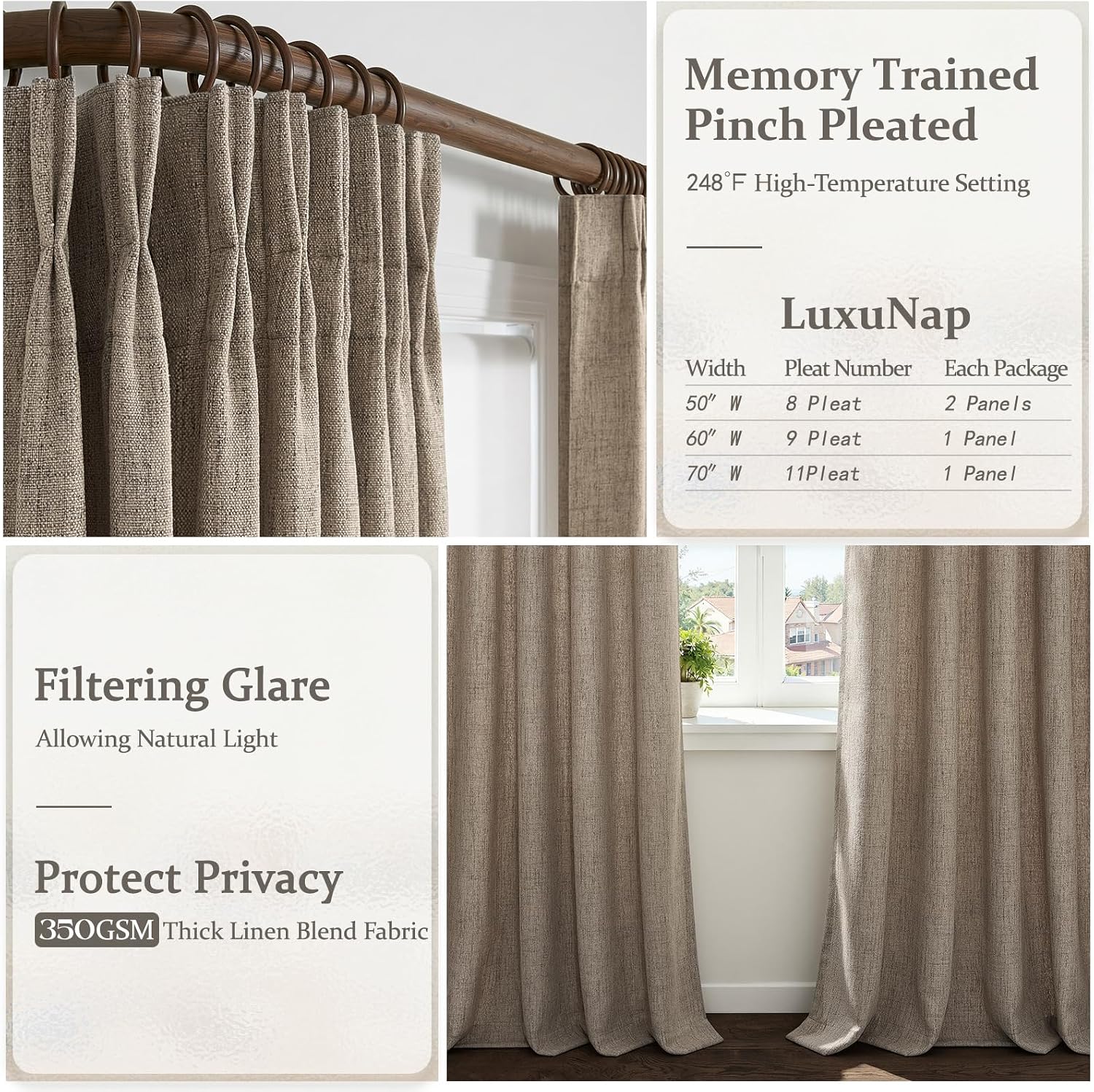 Detalle de LuxuNap Pinch Pleated Linen Blend Curtains, 50 x 84 in, Dark Flax, 2 Panels
