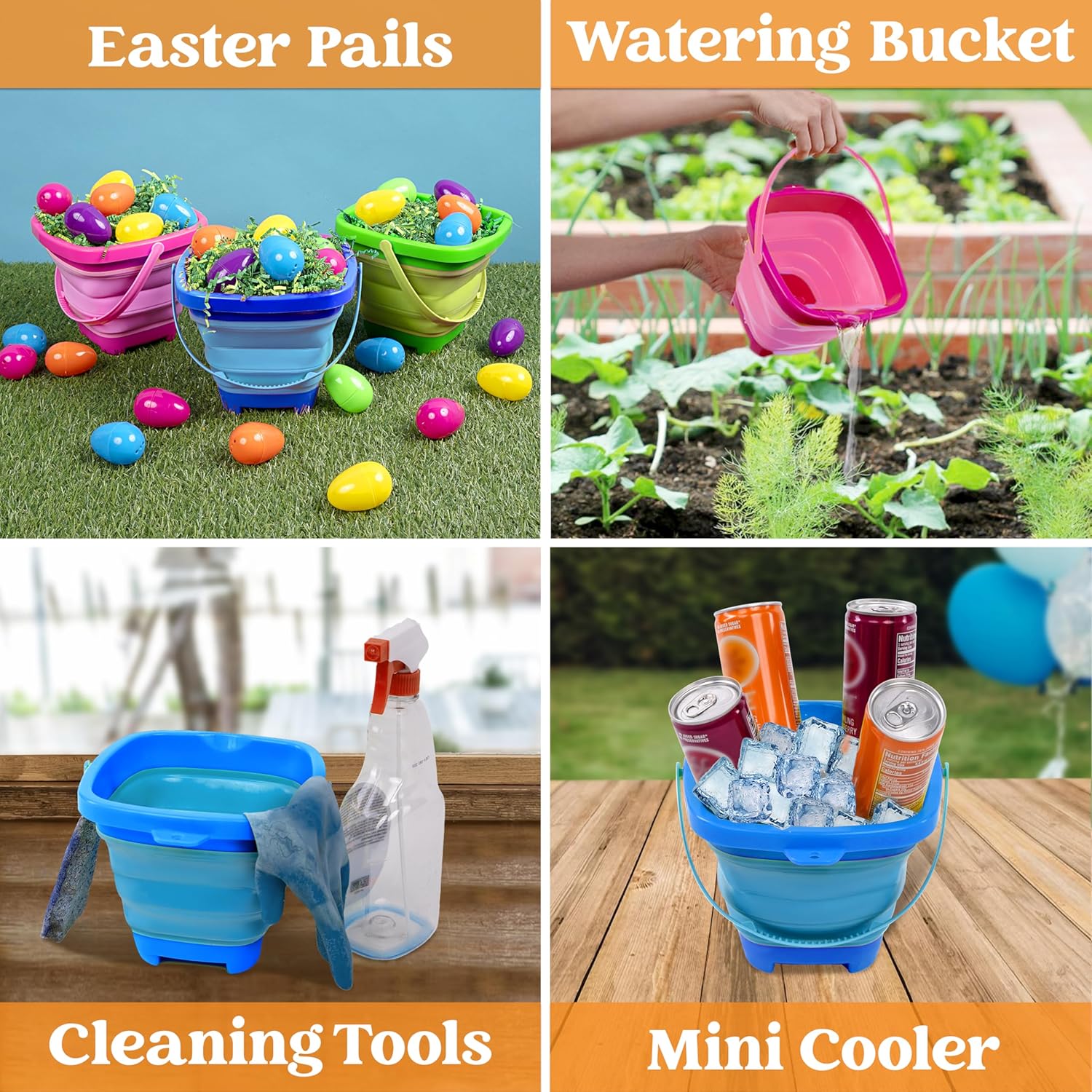 Thumbnail 6 de Sloosh 3-Pack Collapsible Sand Toys – Square Foldable Pail Buckets with Shovels (Pink/Blue/Green)