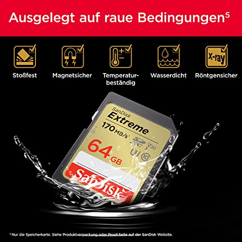 Detalle de SanDisk Extreme SDXC UHS-I 64 GB – Zuverlässige 4K-UHD-Aufnahmen mit 170 MB/s