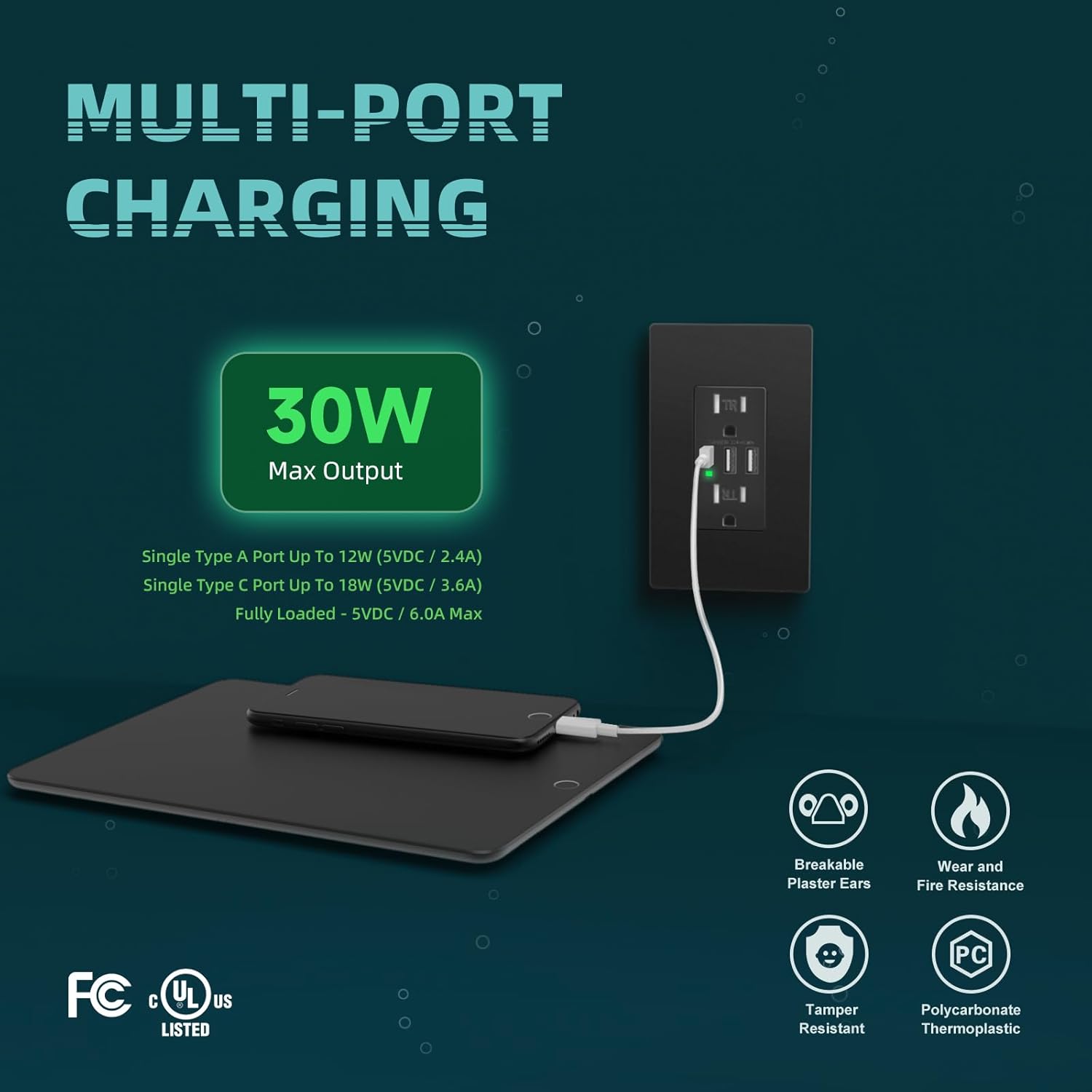 Detalle 2 de TOPELER Black 3-Port USB Wall Outlet, 30W USB-C, 15A Tamper-Resistant