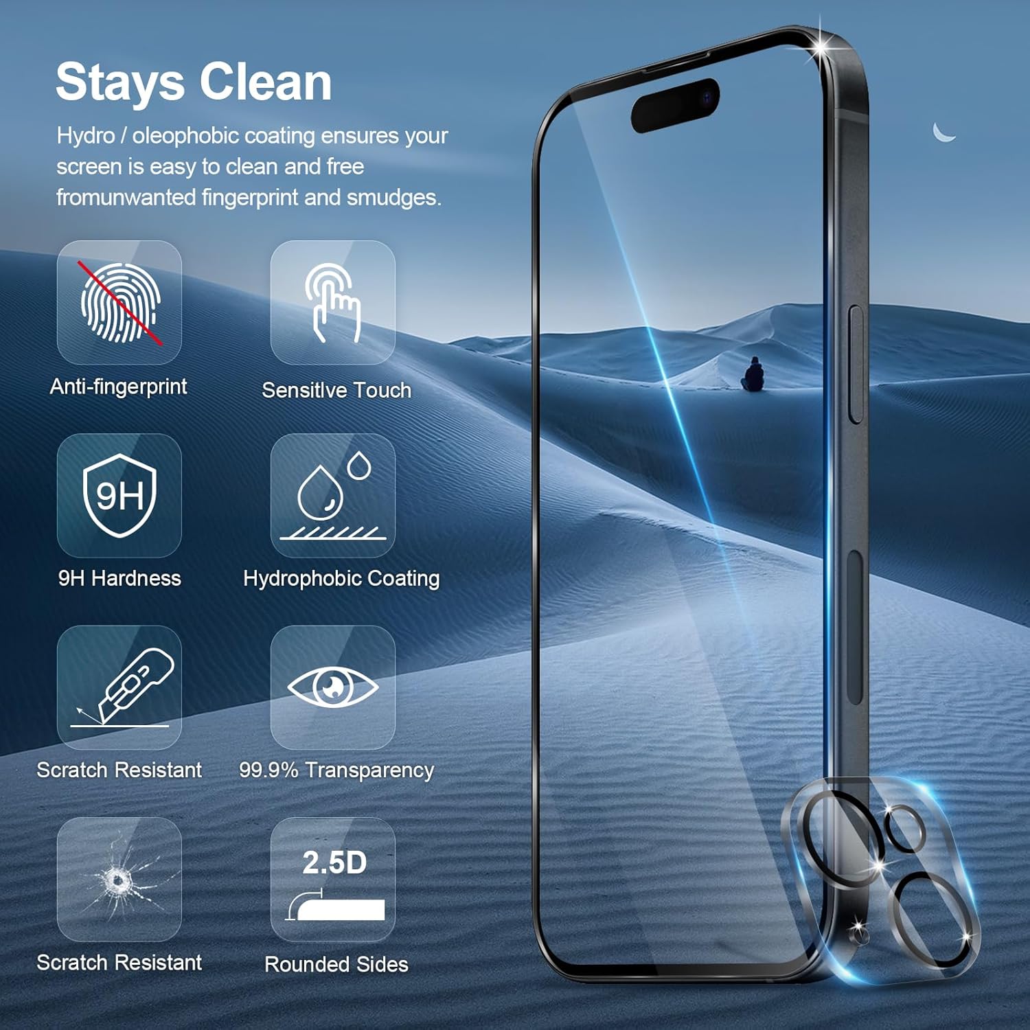 Detalle de GiiYoon 2+3 Pack Screen Protector for iPhone 15 Plus – 3 Tempered Glass Films + 2 Camera Lens Protectors