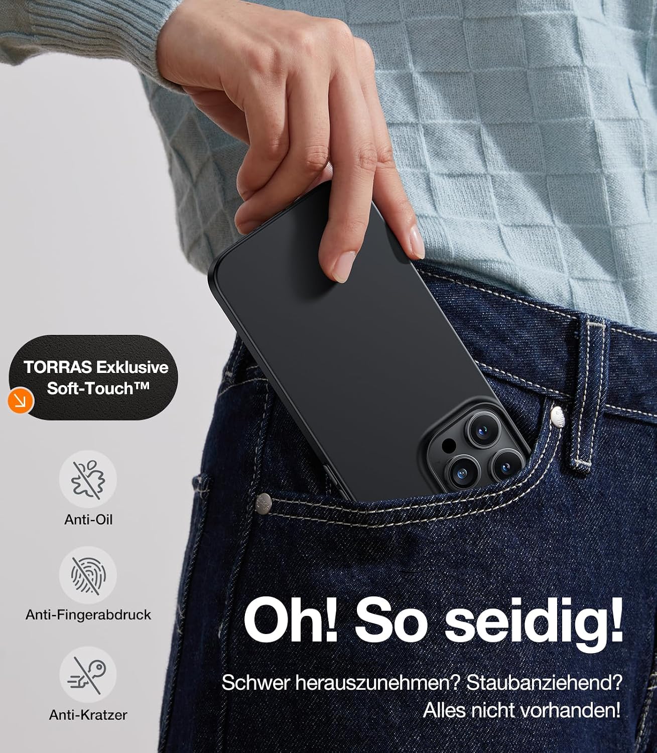 Detalle de TORRAS Ultra Dünn Hülle für iPhone 14 Pro mit MagSafe, 38 Magnete, samtiger Griff – Slim Schwarz
