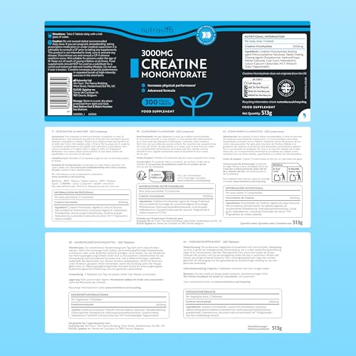 Thumbnail 10 de Nutravita Creatine Monohydrate Tablets 3000mg – 300 Vegan Tablets