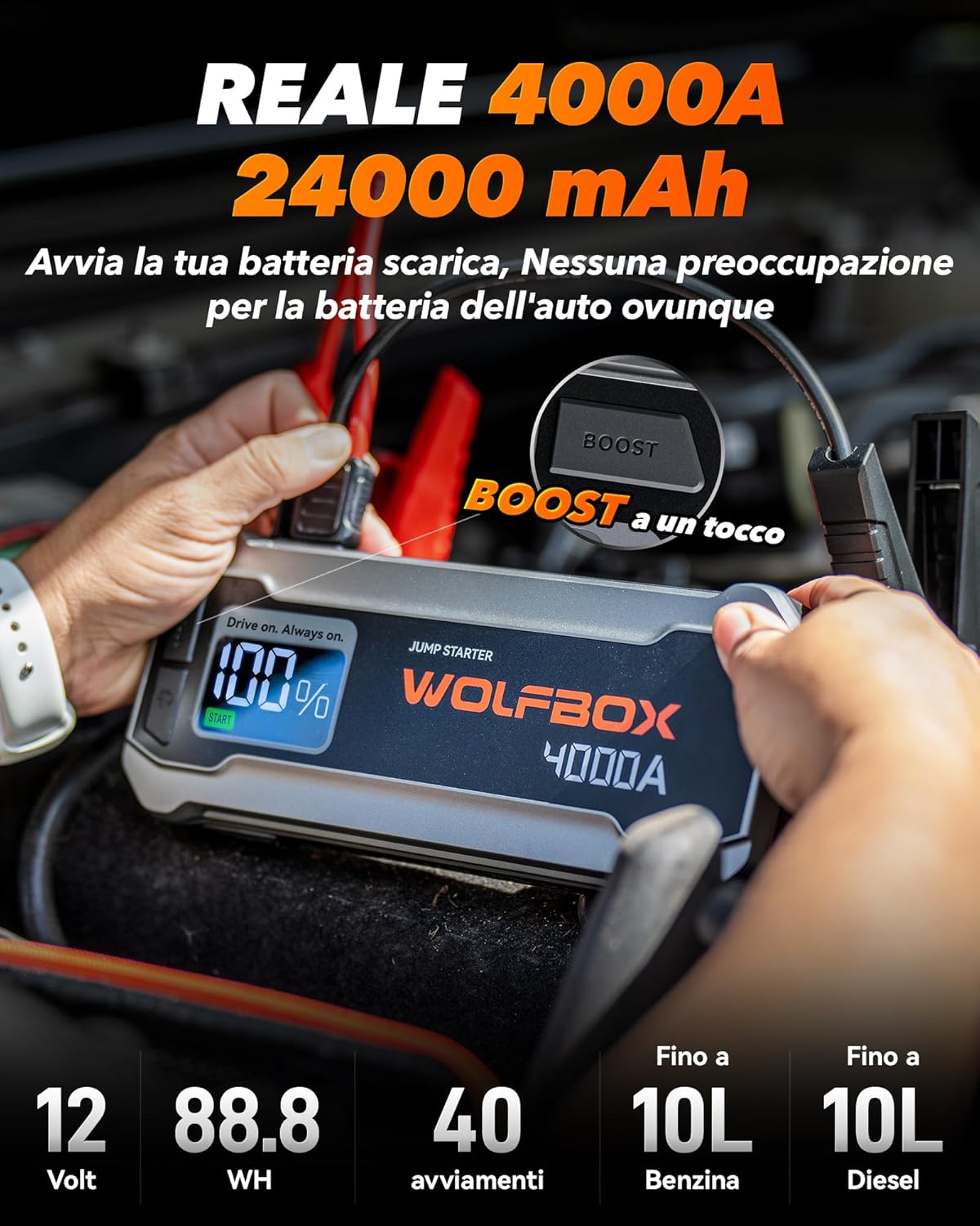 Detalle 2 de WOLFBOX Booster Avviamento Auto 4000A: Avviatore Batteria portatile 88.8Wh con USB-C 65W, LED e protezioni IP64