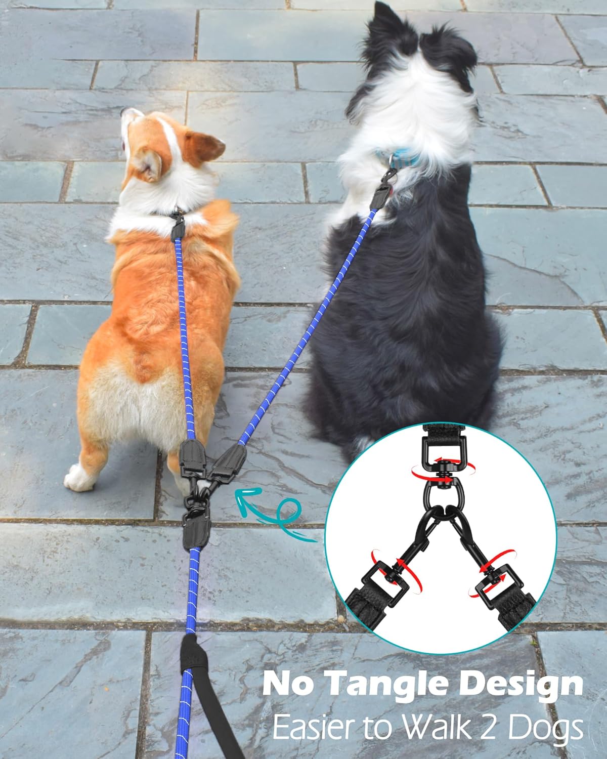 Thumbnail 2 de PetBonus Rope Double Dog Lead (No Tangle Dual Lead) with 360° Swivel Clips, Reflective Walking Training Leash, Blue