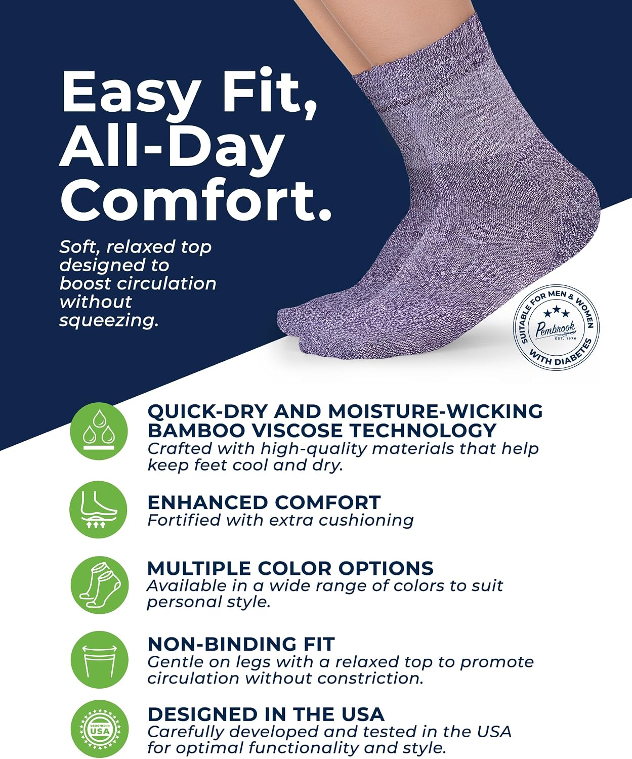 Detalle de Pembrook Bamboo Viscose Diabetic Socks for Women & Men – 6 Pairs Ankle Socks with Non-Binding Fit
