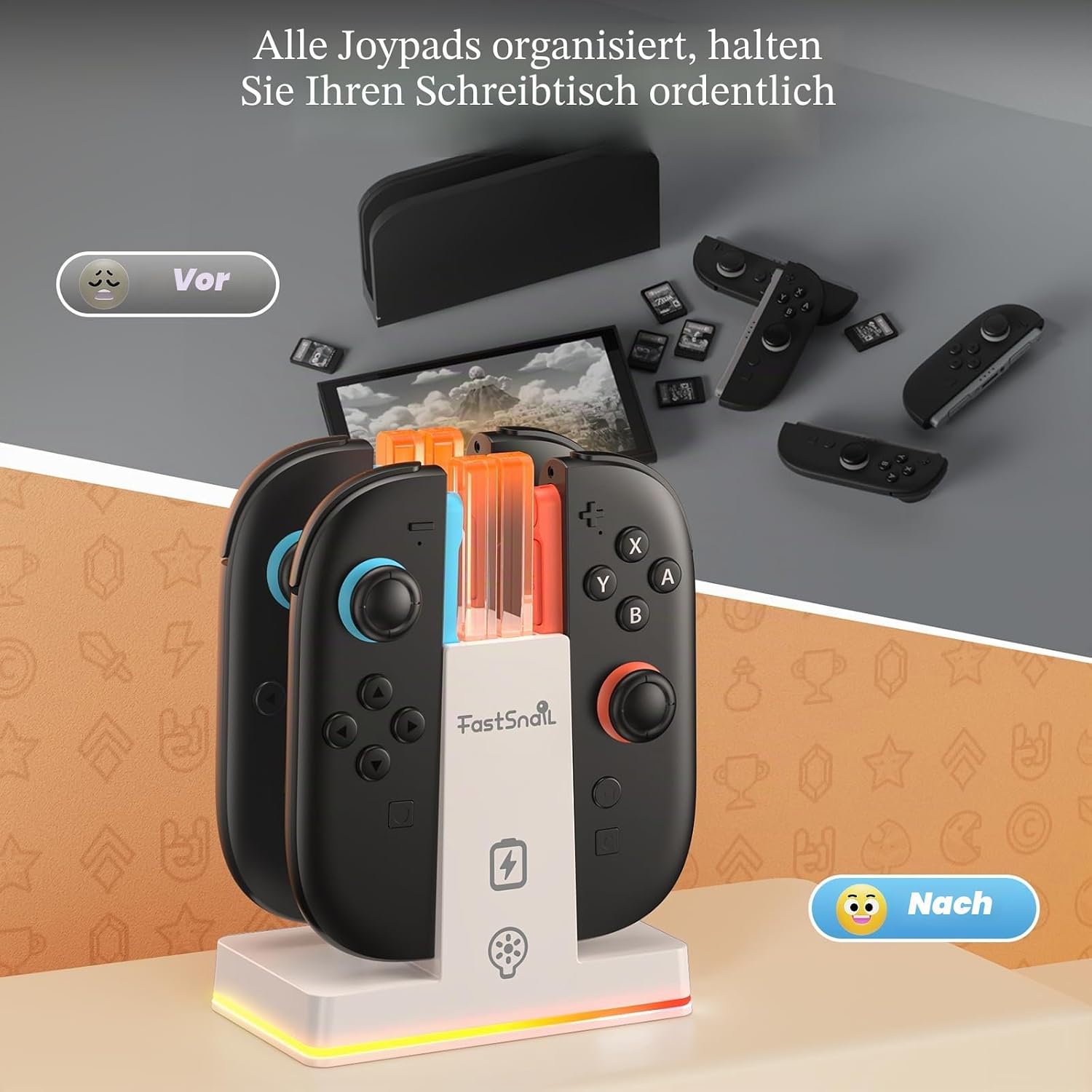 Detalle 2 de FASTSNAIL RGB Ladestation für Joy Con 2 – magnetisch, für bis zu 4 Controller, 9 RGB-Modi (Weiß)